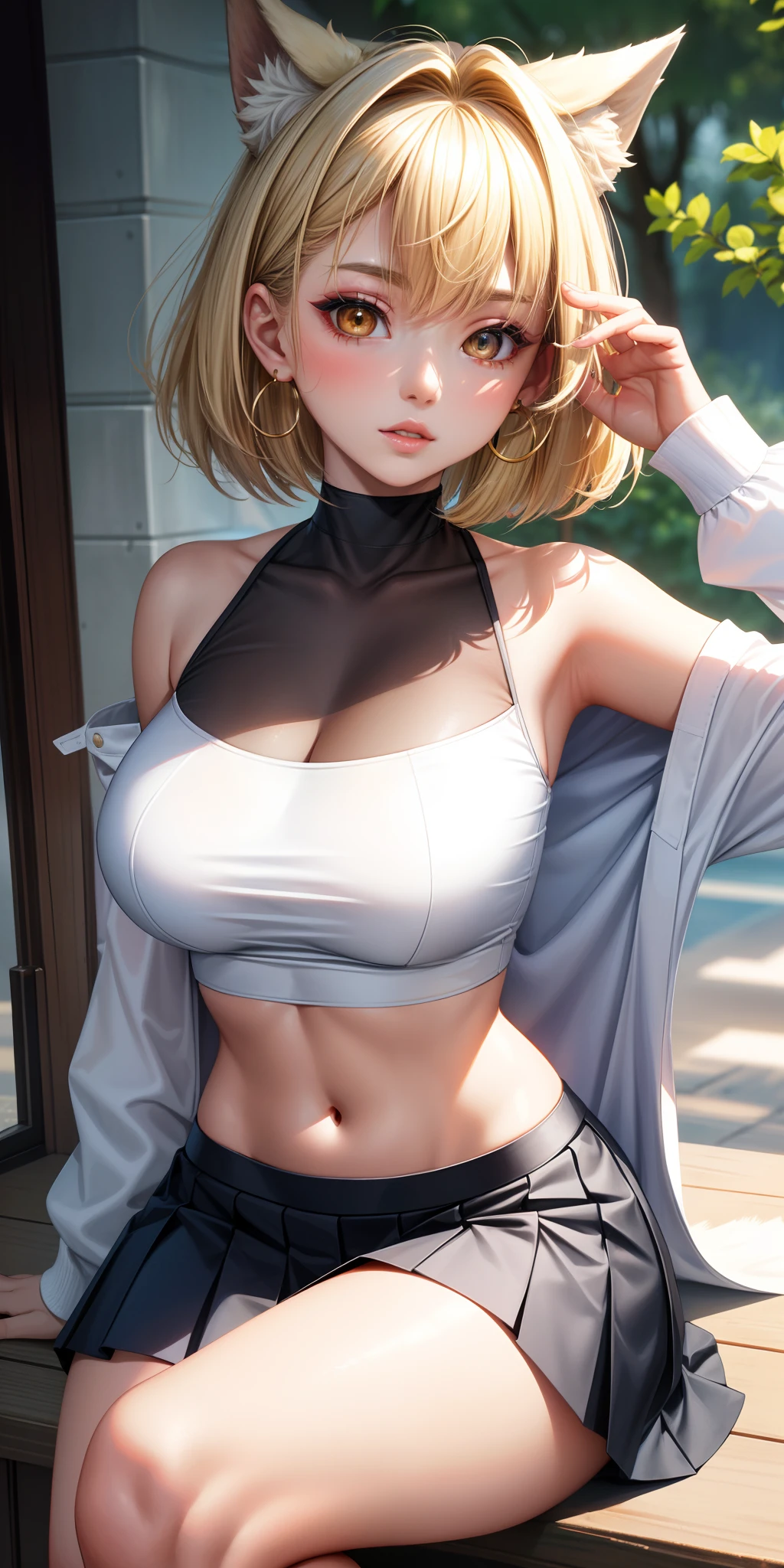 (masterpiece), (portrait), big breasts (aesthetics), ((1 wolf girl)) ((21 years old)), Highlight earrings), ((Short hair)), ((Blonde hair)), Hair smooth, thin eyes open, brown eyes, cute, female, feminine, beautiful, female features, top, high quality, aesthetic clothing, professional angle, (rule of thirds), (female), (feminine), (feminine) , (beautiful), (feminine ) features), solo, (attractive Korean), summer, (ink haze), (afternoon), (vibrant light), seductive posture, ((face looking straight ahead))), hip Simple Long Sleeve Off Shoulder Hop Blouse Short Pleated Skirt ((Energy)), (Bold Makeup), (Big Breasts), Light Skin Tone, (Clothes with Hip Hop Details), (Crop Top), (Sleep Neckline), Beautiful hands, beautiful body, beautiful ears, normal ears, beautiful eyes, bright eyes, beautiful mouth, beautiful lips,