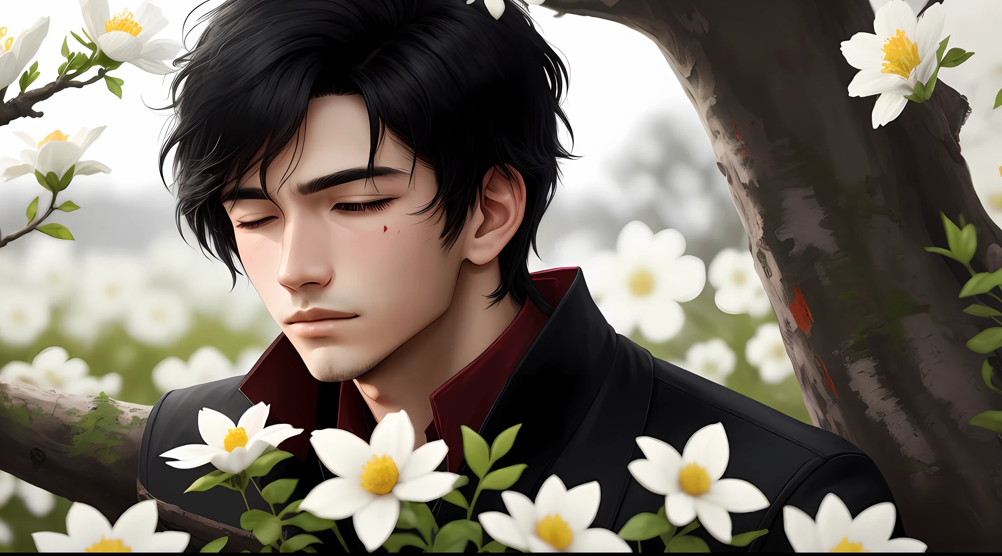 Handsome boy with black hair and black eyes leaned against a large rotting tree，closing her eyes，Simple，with black background，It is surrounded by white flowers stained red with blood