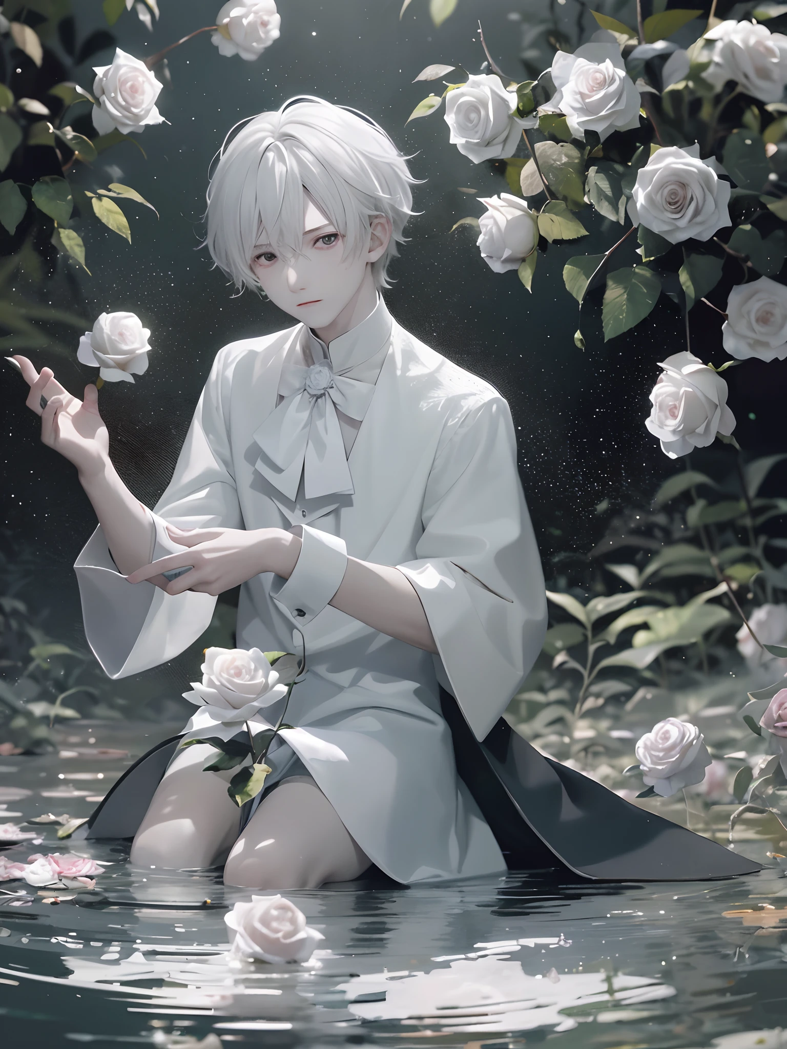 1boy,Male,Young man,Pale ager,(((Rose blanche))),white shirt,((bandagens)),bloods,The screen contrast is low,High brightness,White hair,Rose flower,bloods,Light blue leaves,softlighting,misterious ambience,flood