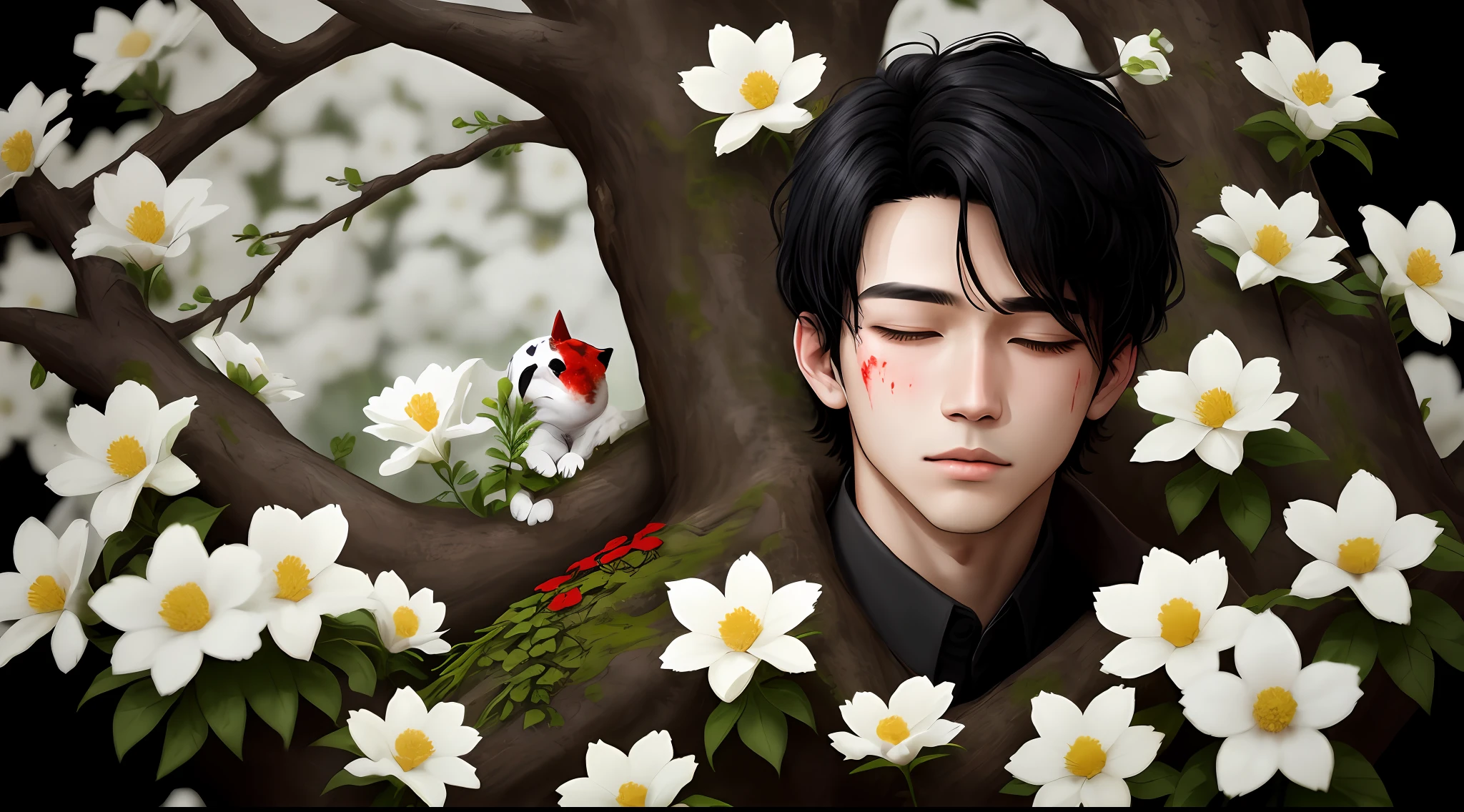 Handsome boy with black hair and black eyes leaned against a large rotting tree,closing her eyes,Simple,with black background,It is surrounded by white flowers stained red with blood