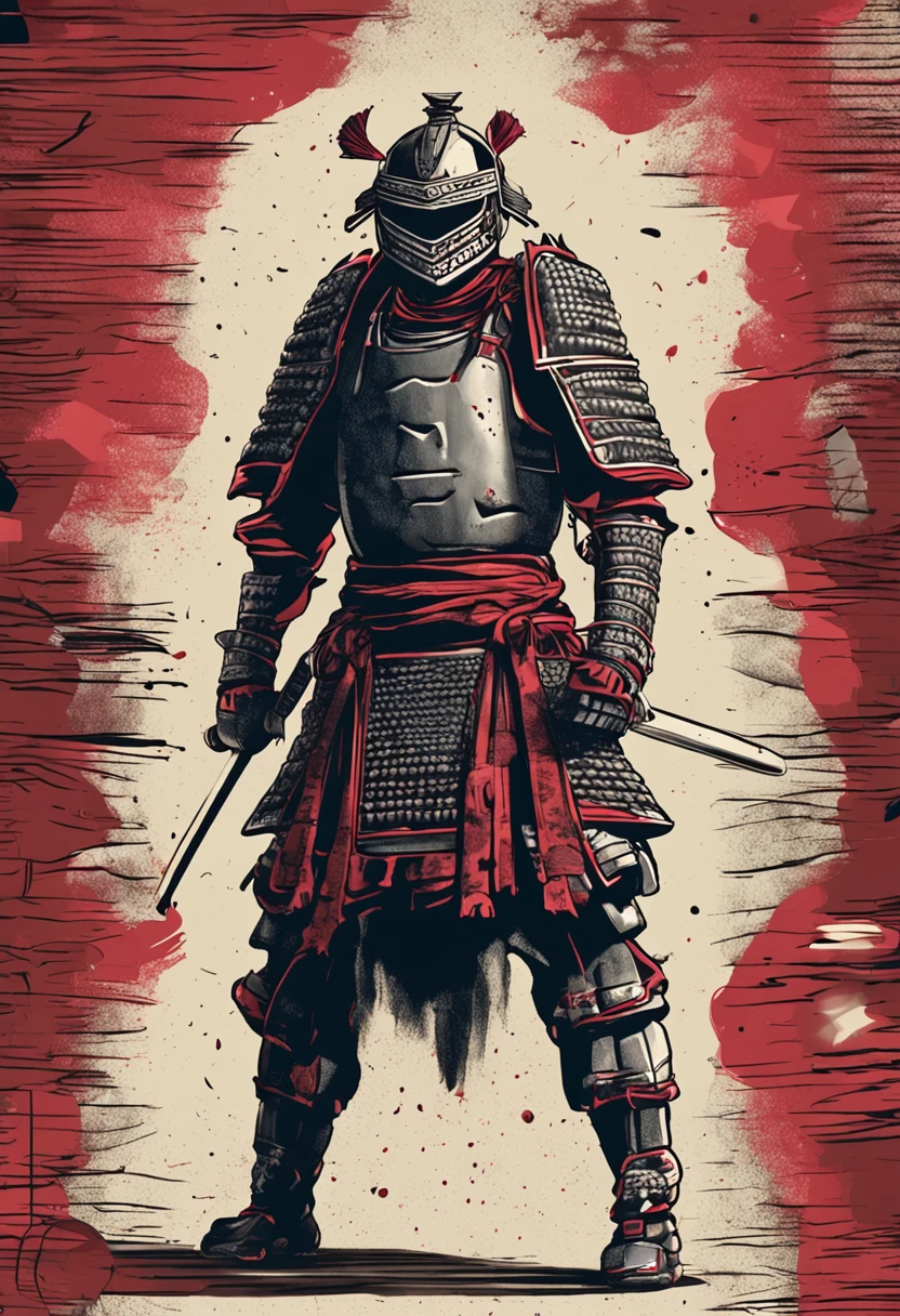 1 Warrior man on (China wall), wearing samurai armor, zoom,(with helmet covering face), drop shadow, halftone, vanishing point, diffraction peaks, Nikon, high detail, UHD, masterpiece, best quality, highres,zoom, 16k,samurai,katana