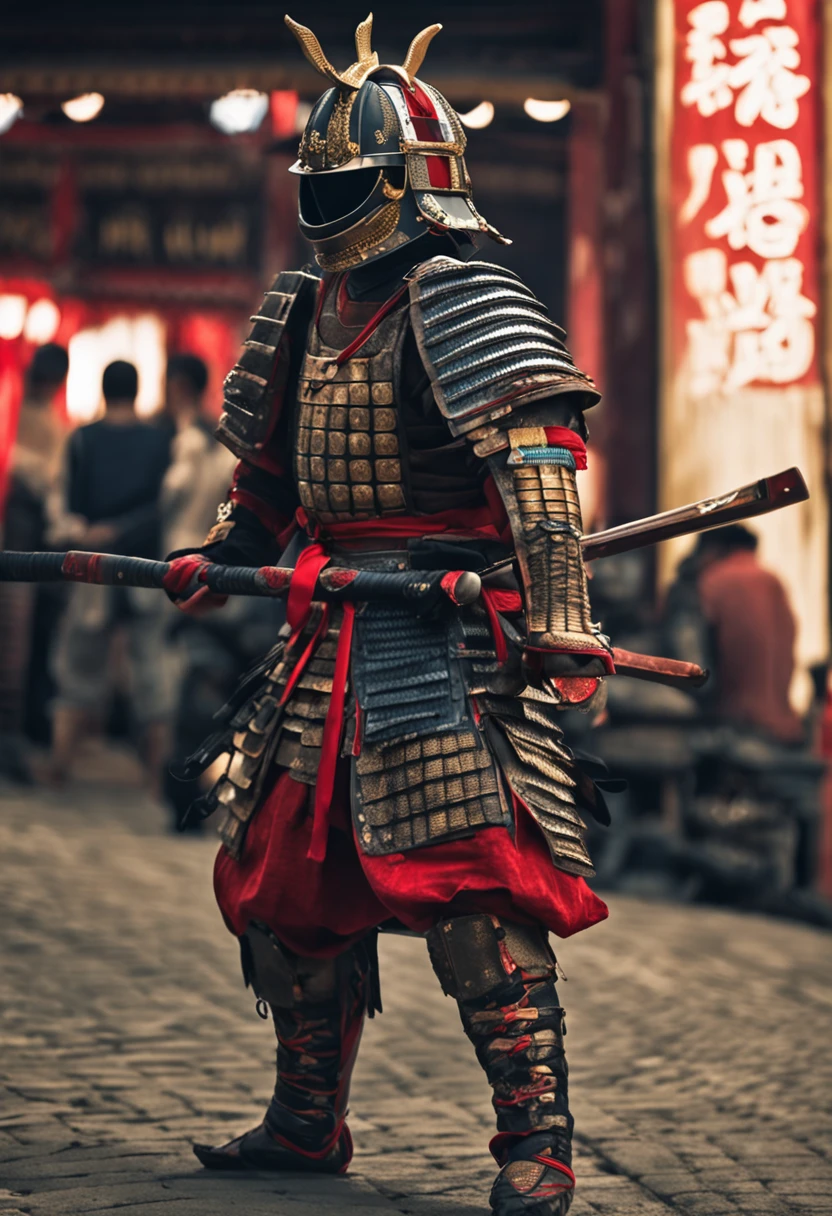 1 Warrior man on (China wall), wearing samurai armor, zoom,(with helmet covering face), drop shadow, halftone, vanishing point, diffraction peaks, Nikon, high detail, UHD, masterpiece, best quality, highres,zoom, 16k,samurai,katana