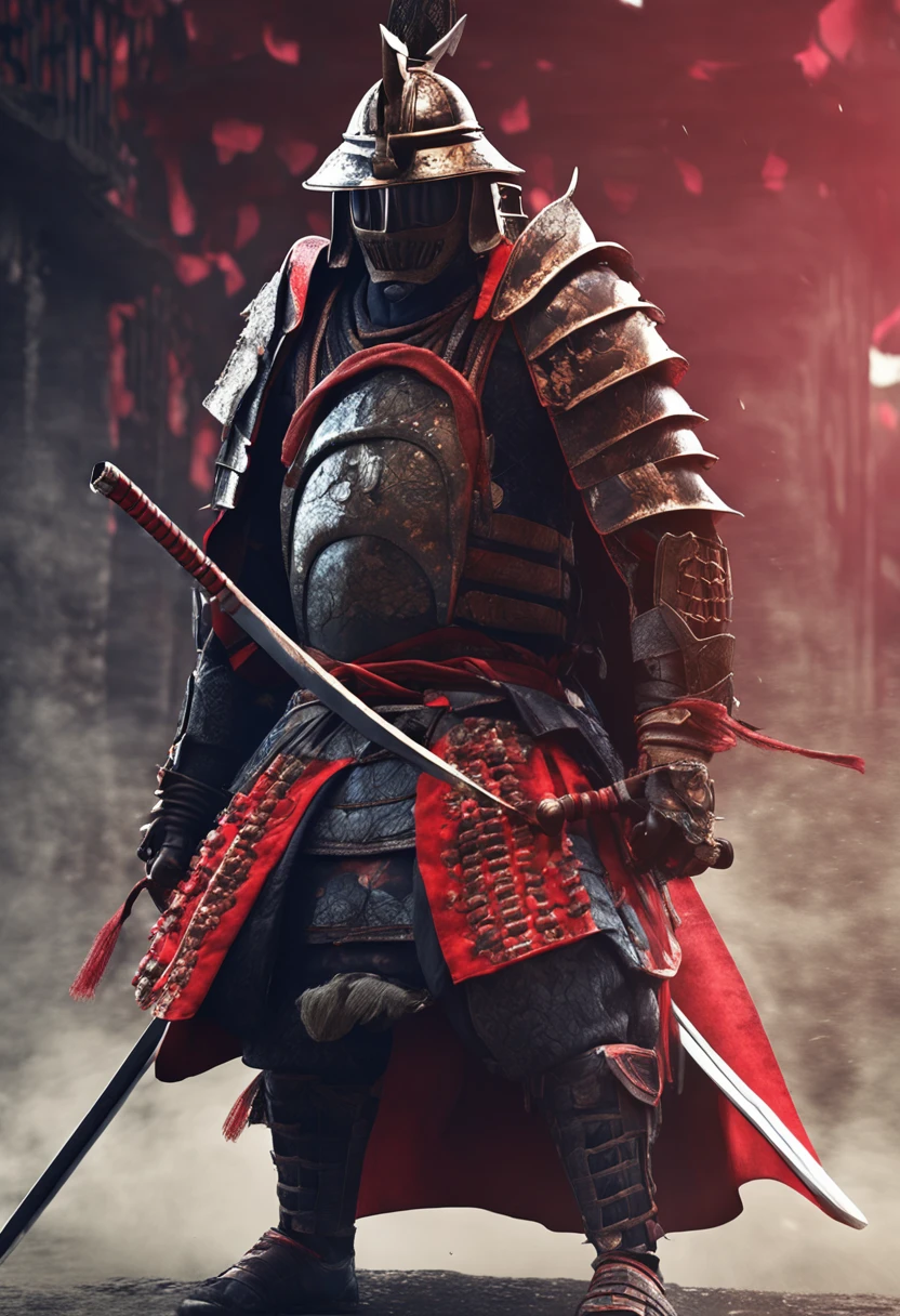 1 Warrior man on (China wall), wearing samurai armor, zoom,(with helmet covering face), drop shadow, halftone, vanishing point, diffraction peaks, Nikon, high detail, UHD, masterpiece, best quality, highres,zoom, 16k,samurai,katana