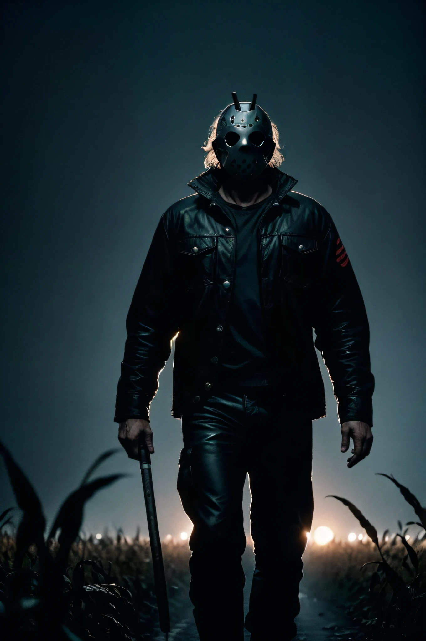 **Jason Voorhees from the 1980's movie Friday the 13th, walking steadfast through a cornfield on a rainy foggy moonlit night. camera angel looking upwards, cinematography style if the 1980's style, cinestill, horrorcore.