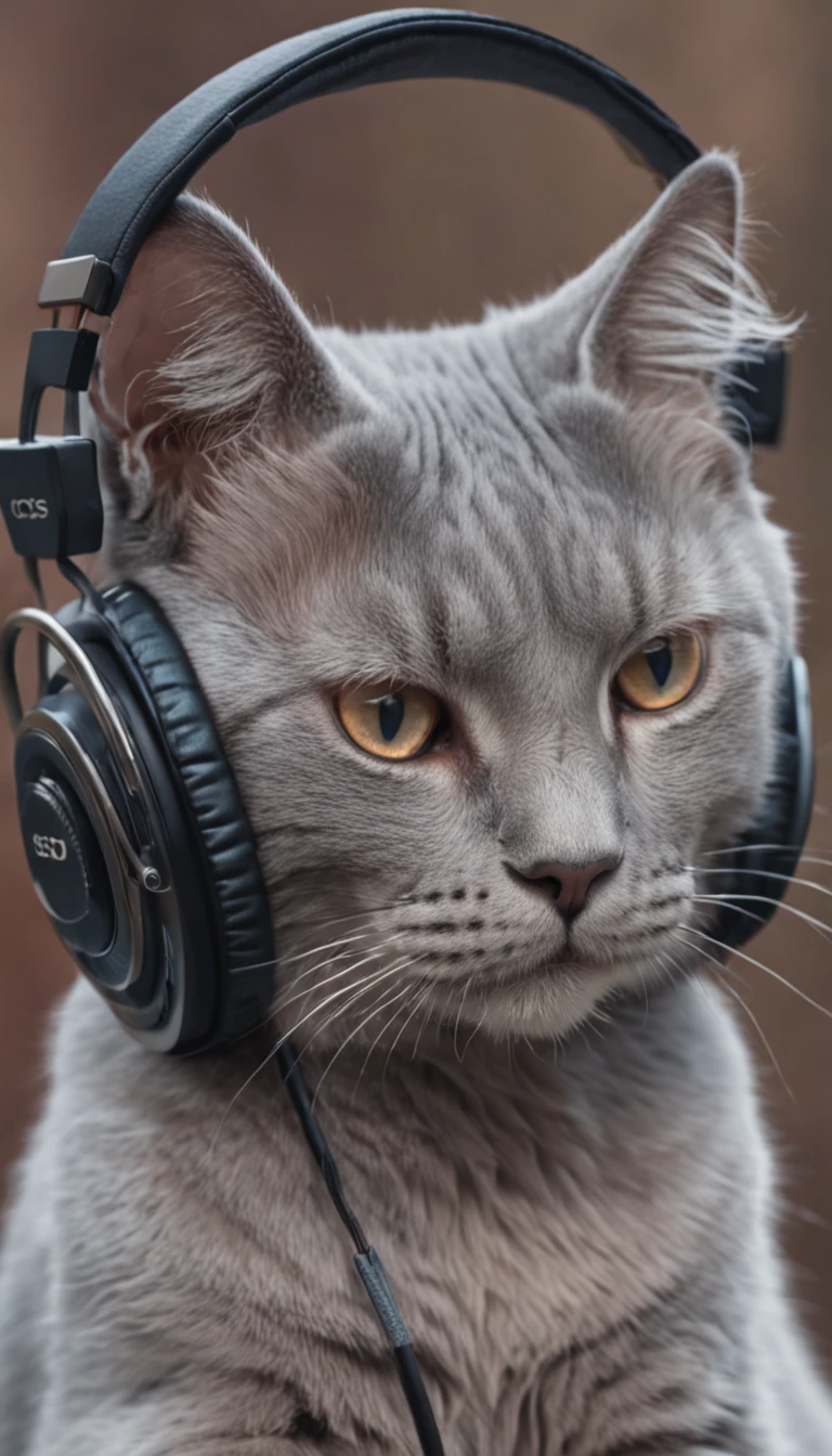 an image of a cat in headphones playing music, in the style of dan mumford, Tivadar Csontváry Kostka, dark gray and azure, clockpunk, cute and colorful, tachisme, sublime, style raw