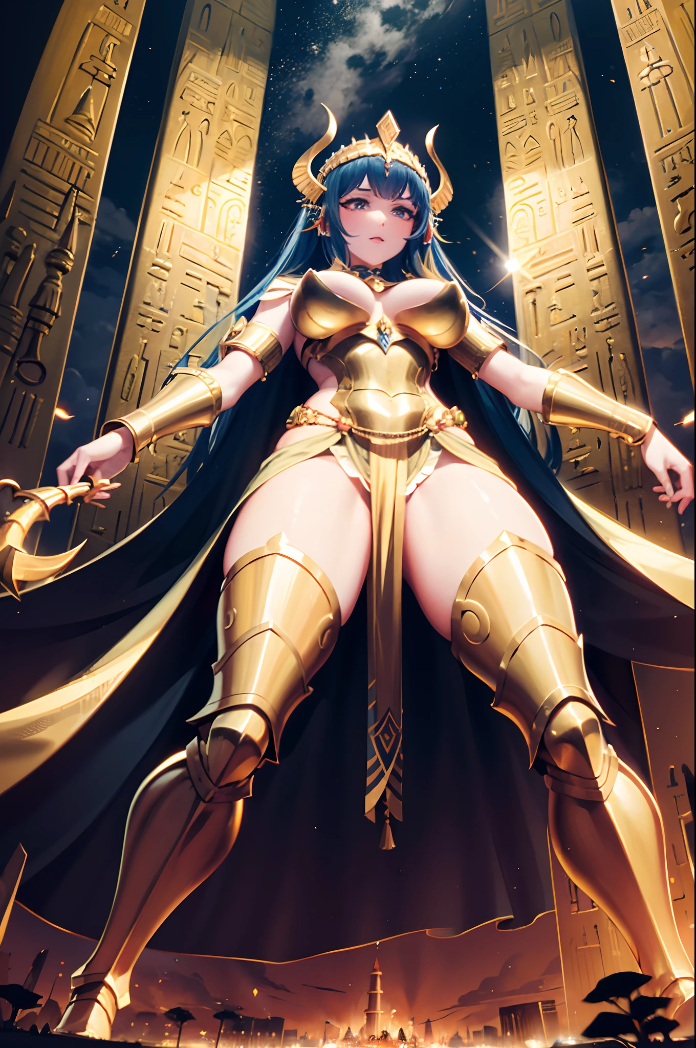 A colossal Egyptian goddess, adorned in resplendent golden armor with vibrant segments, towers over a battlefield, poised to unleash her monumental might by forcefully bringing down her immense palm upon a legion of diminutive soldiers equipped with spears and scimitars.