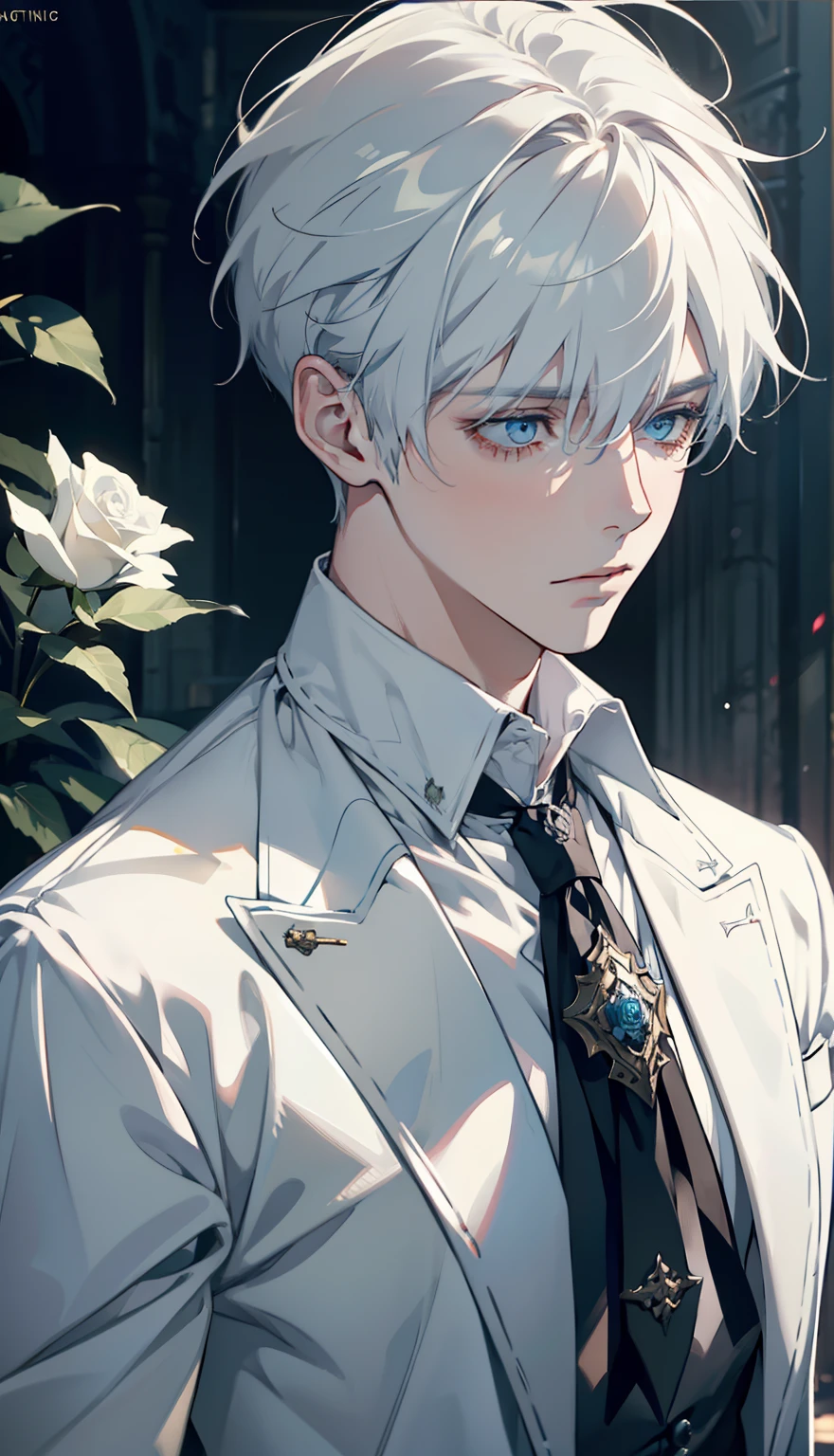 1boy，male，young man，Pale teenager，Rose blanche，white  shirt，bandagens，bloods，Low screen contrast，High brightness，White hair，softlighting，soft focus，misterious，romanticism lain, anime big breast, Impressionism, Cinematic lighting, Close-up, hyper HD, Masterpiece, High details，