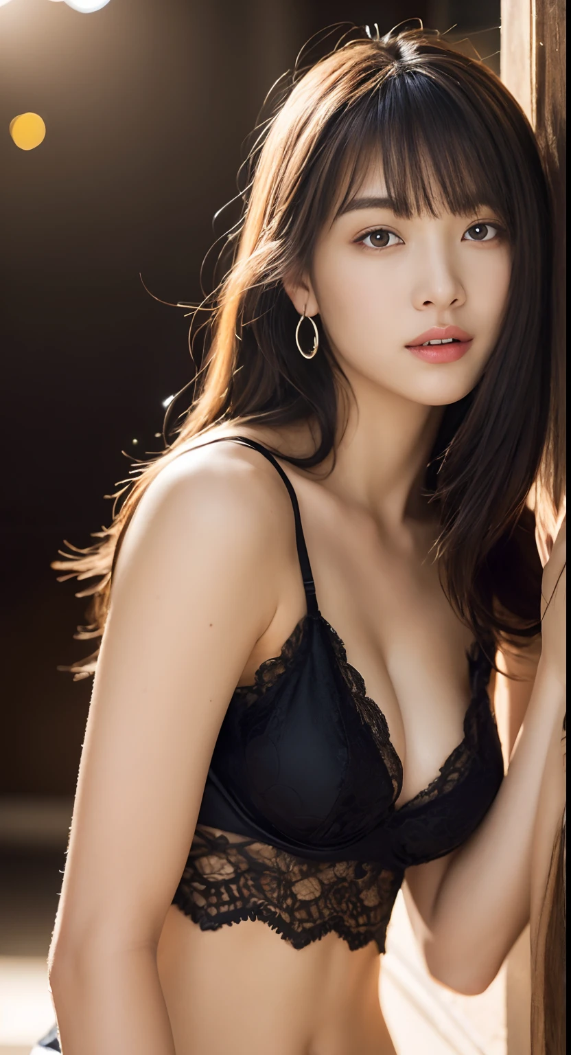 (8k, RAW Photo, Best Quality, Masterpiece:1.2), Ultra Detail, Super Resolution, (Realistic, Realistic Photo:1.37), Portrait, High Detail RAW Color Photo, Professional Photo, Extremely Detailed and Beautiful, Extremely detailed, 8k wallpaper, amazing and detailed, huge file size, official art, highly detailed CG unity 8k wallpaper, highly detailed beautiful girl, highly detailed face, highly detailed eyes, highly detailed skin, highly detailed fingers, highly detailed nose, very detailed detailed mouth , perfect anatomy, highly detailed background, highly detailed clothes, 1girl, (20:1.2), 20s, cute girl, realistic body, petite, fair skin, glowing skin , slim body, handsome body, black hair , short hair, (blunt bangs:1.2), smile, cute, youthful, cute face, realistic face, delicate eyes, drooping eyes, lingerie, see-through, earrings, looking at viewer, cowboy shot, facing front, standing posture, Contraposto, dynamic lighting, very large breasts, cowboy shot