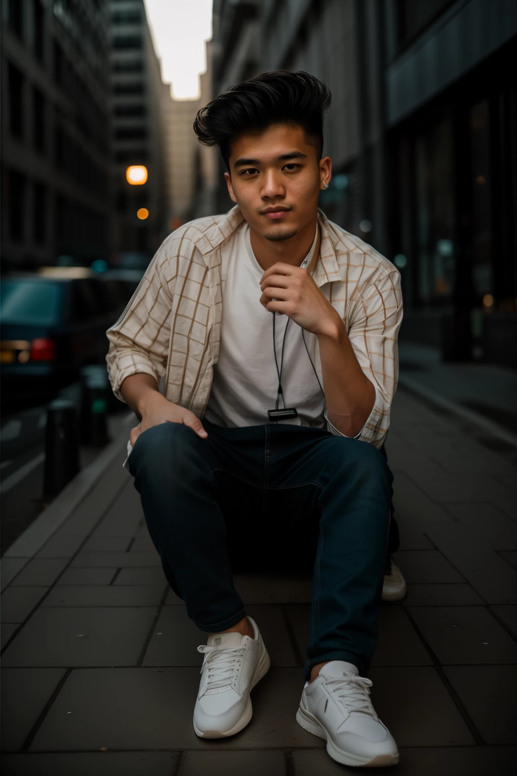 RAW photo, a portrait photo of 25 y.o man in casual clothes, night, city street, (high detailed skin:1.2), 8k uhd, dslr, soft lighting, high quality, film grain, Fujifilm XT3