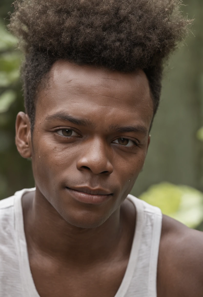 Na arte ultra realista, a verdant backdrop is depicted, com plantas exuberantes e folhagens diversas. Entre as plantas, vemos um afro-brasileiro, black skin bright eyes peeking from behind a bush,as folhagem cobrem metade do seu rosto com um olhar travesso e um sorriso malicioso que se destaca em seu rosto. The boy's half of his face is in focus, allowing the viewer to see the minute details of his expression. Seus olhos possuem um brilho cativante e travesso, while the arched eyebrows add a touch of malice to her gaze. The nose is slightly flattened and the lips are thin, curvados em um sorriso que revela seus pequenos dentes brancos . Shirtless and wears a plain red cap on his head