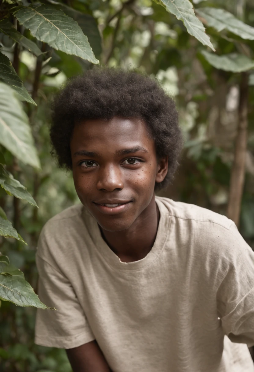 Na arte ultra realista, a verdant backdrop is depicted, com plantas exuberantes e folhagens diversas. Entre as plantas, vemos um afro-brasileiro, black skin bright eyes peeking from behind a bush,as folhagem cobrem metade do seu rosto com um olhar travesso e um sorriso malicioso que se destaca em seu rosto. The boy's half of his face is in focus, allowing the viewer to see the minute details of his expression. Seus olhos possuem um brilho cativante e travesso, while the arched eyebrows add a touch of malice to her gaze. The nose is slightly flattened and the lips are thin, curvados em um sorriso que revela seus pequenos dentes brancos . Shirtless and wears a plain red cap on his head