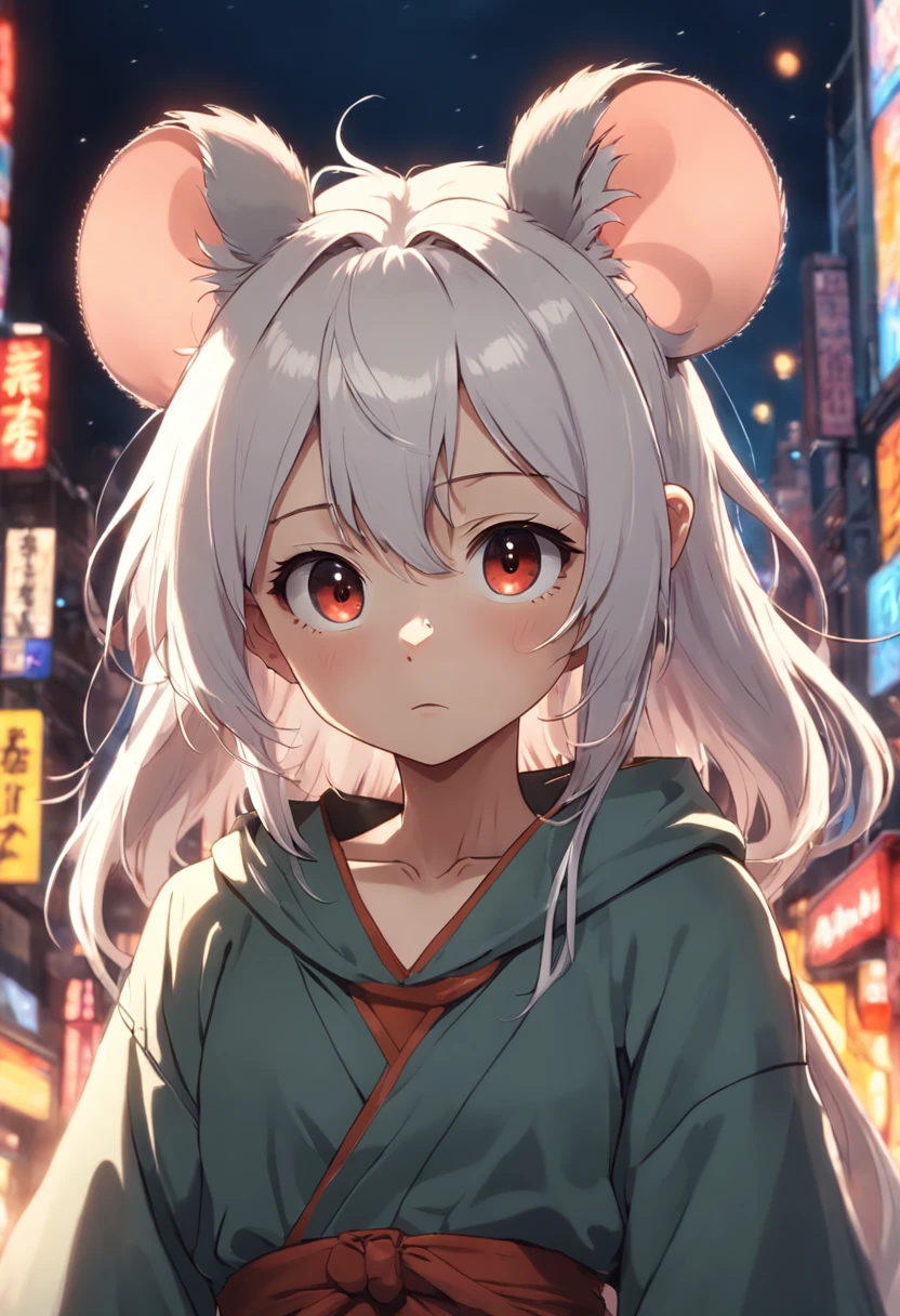 rat girl, 1girl, sentada, fondo simple, pelaje blanco, furry girl.tatsumaki