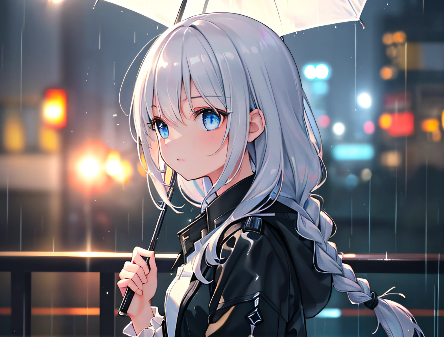 (Masterpiece:1.21), (Best quality:1.331), ((Ultra-detailed)), ((extremely best illustration)), ((Amazing)), (hyper qualit), Gorgeous and rich graphics,
(Extremely delicate and beautiful:1.21), 8K, the wallpaper, (extremely beautiful lighting), hard light, Delicate composition, (Perfect positioning), (extremely beautiful and detailed background:1.21), Rembrandt style expression of light and shadow, Dark tone, (Low profile, high differential color levels), ((Depth of field)), deepshadow,
Dynamic Angle, From the side Side, Upper body, Radial blur,
rain, (City lights, The background is blurred out),
(1girll),(Beautiful detailed eyes), Clear blue eyes, Long silver French braided hair,
camouflage uniform,
Transparent raincoat, Wet clothes and wet skin and dripping wet hair,
Lens flare, String Light, street,, Masterpiece, Best quality,