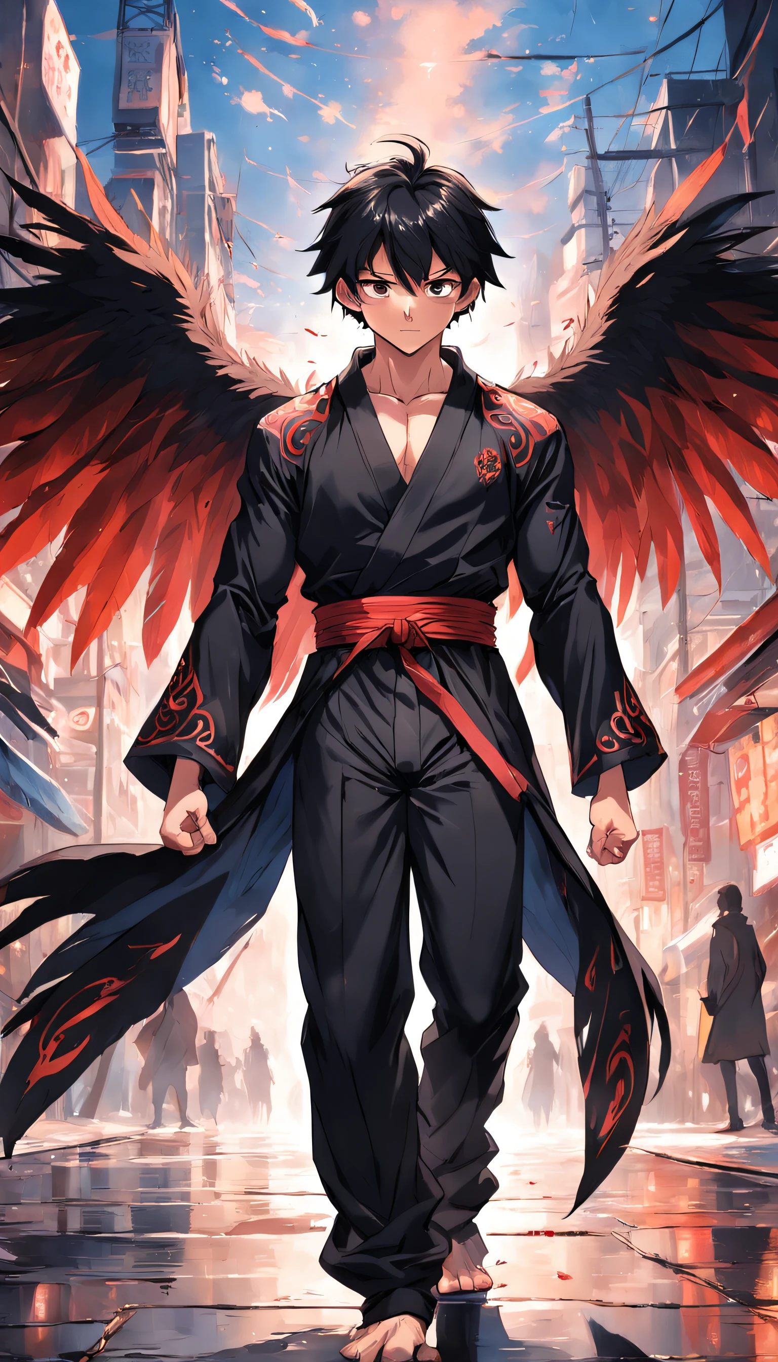 An attractive and muscular -yeld boears a black robe (y pantalon) y una intrincada armadura plateada, dos grandes alas de plumas negras y rojas crecen de sus hombros