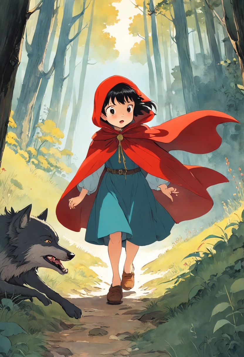 A girl in a red cape, Caperucita roja, un lobo feroz, Caperucita Roja, Classic children's illustration, Caperucita Roja, Gran lobo feroz, Caperucita Roja, The wolf threatens the girl, , story book illustration, Richard Scarry, story book illustration, Ilustraciones de cuentos de hadas, Arte de cuento, por Jack Davis, storybook illustation, por Maurice Sendak, , detallado,
