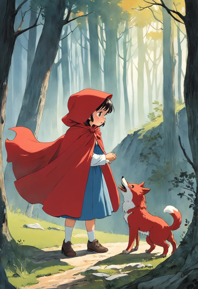 A girl in a red cape, Caperucita roja, un lobo feroz, Caperucita Roja, Classic children's illustration, Caperucita Roja, Gran lobo feroz, Caperucita Roja, The wolf threatens the girl, , story book illustration, Richard Scarry, story book illustration, Ilustraciones de cuentos de hadas, Arte de cuento, por Jack Davis, storybook illustation, por Maurice Sendak, , detallado,