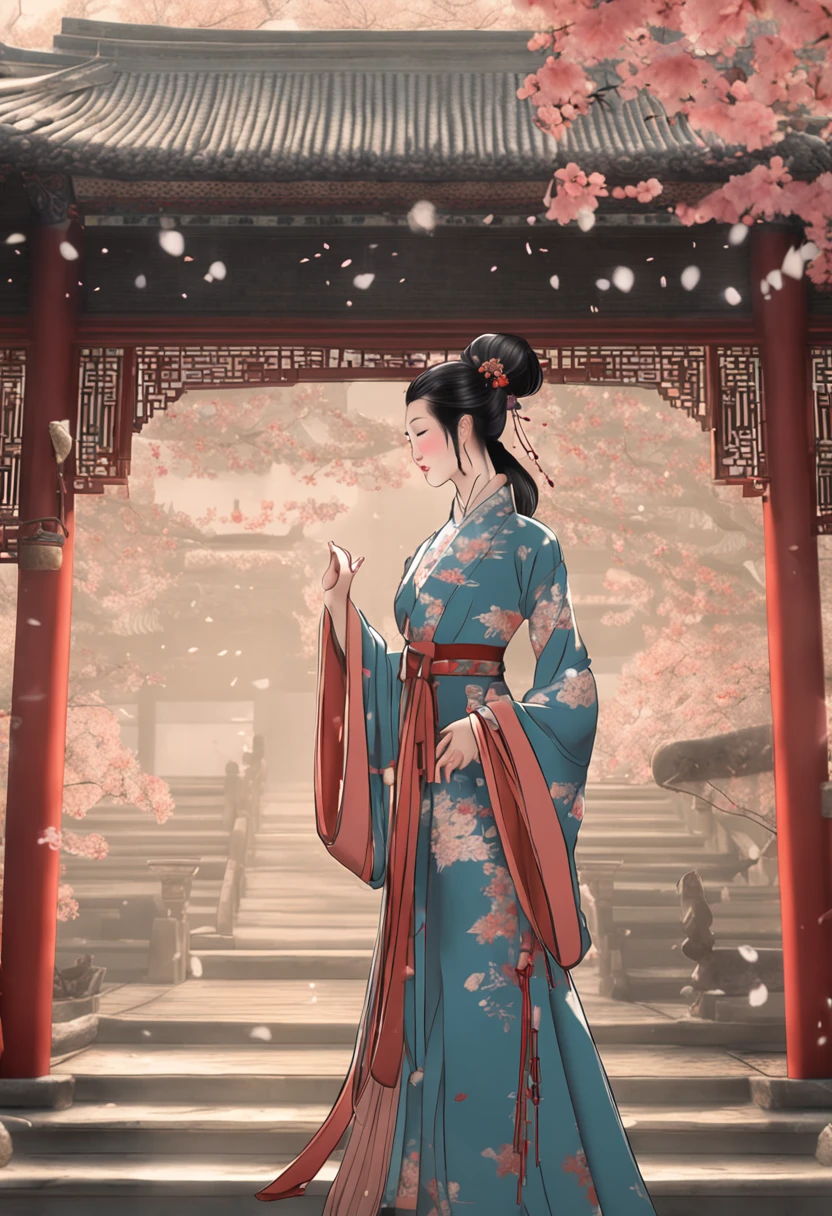 A Chinese Song Dynasty beauty in pants is dancing,The hands and face of this beauty are very delicate and clear。Stand in the middle of an antique courtyard,Plum blossoms fall with snowflakes,Morandi colors,电影灯光,wide angles,Ultra HD details,8K