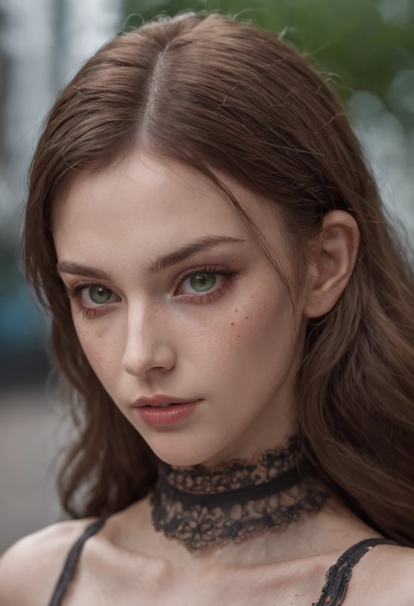 Full face portrait photo of a 25-year-old European girl, RAW, beautiful woman, semi-open strawberry lips, dimples, wistful look, green eyes, large pupils, large eyelashes, (extra long wavy brown hair), ((detailed face)), ((detailed facial features)), (finely detailed skin), pale skin, (detailed deep neckline high-tech cyberpunk dress), cyberpunk cyberpunk megacity environment,  (cool colors), damp, damp, reflections, (masterpiece) (perfect aspect ratio) (realistic photo) (best quality) (detailed) shot on a Canon EOS R5, 50mm lens, F/2.8, HDR, (8k) (wallpaper) (cinematic lighting) (dramatic lighting) (sharp focus) (intricate)