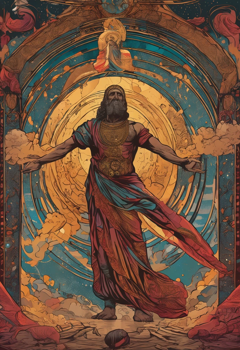 Apocalipse Celestial O anjo transcendental ergue o Shofar, his figure imbued with meticulous detail and a solemn expression. The colors of the apocalypse dance around, while 4K 1920x1080 resolution reveals every stroke in perfect clarity. A cena irradia um sentimento de grandiosidade divina.