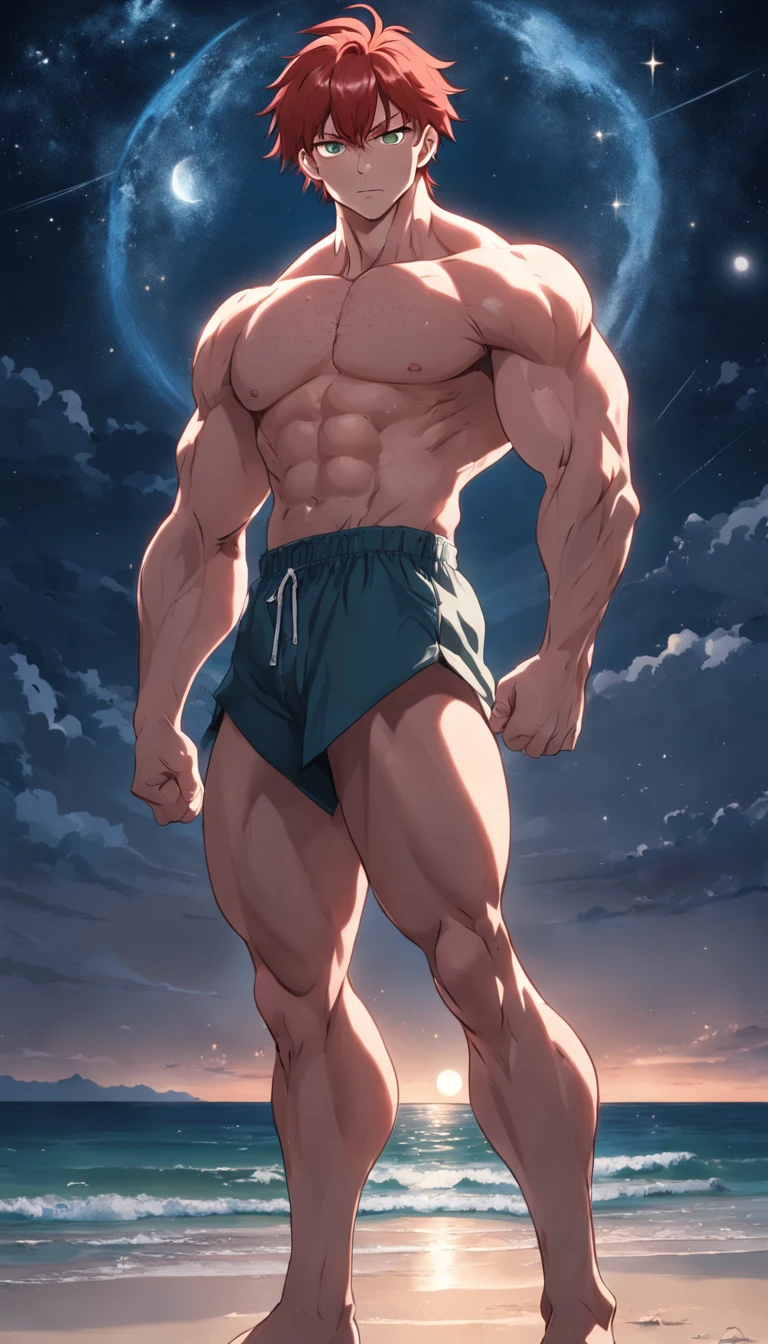Draw a young bodybuilder of 300 lbs, muscular, god anathomy, handsome red hair green eyes and tan skin. Pecs, abs, biceps, bulge, ((genital outline)) Standing in the beach under the starry sky, he is wearing a red posing thonge (( Dramatic lighting from stars illuminates the scene, this man looks confident and determined, looking down,crew cut, full body,shot from below,a big moon in the background