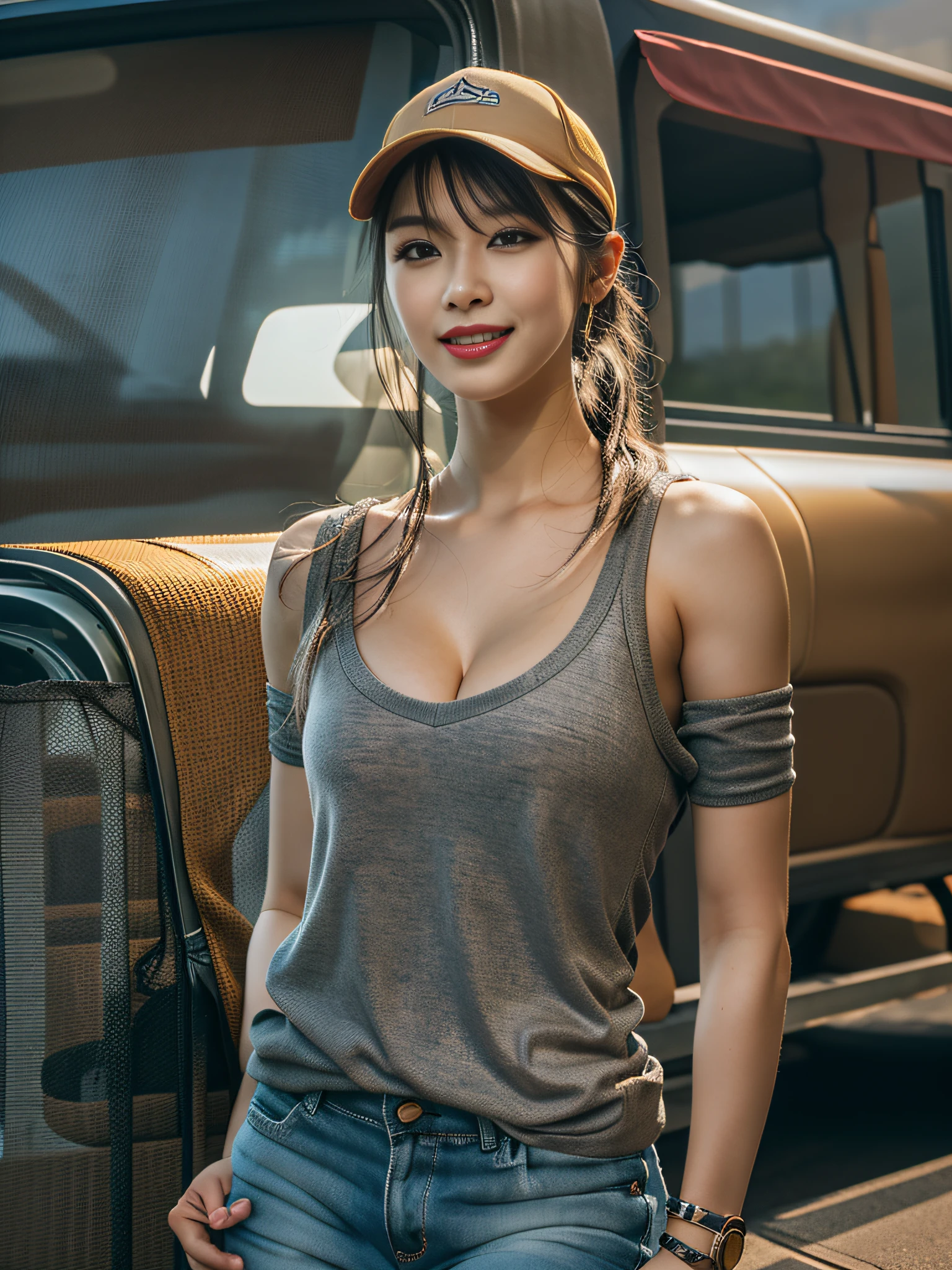 Female 1、Wild cute beautiful girl、20yr old、(Sporty fashion)、(muscular body type)、(muscular legs)、(((Heavy Truck Trailer Driver)))、Beautiful face, eyes and skin with exquisite detail、fine black hair、(small tits)、(cleavage of the breast)、(open-chested)、Ponytail Baseball Cap、(Smile at the camera)、(America's transcontinental)、profetional lighting、BREAK、(realisitic、Photorealsitic:1.37)、8K、(((Take a photo on the background of a scammer)))、(((Professional drivers)))、(masterpiece)、(top-quality:1.4)、 (超A high resolution:1.2)、(Raw photography:1.2)、perfect anatomia、4 fingers and 1 thumb、Ultra detailed backgrounds、(Wallpapers by Unity 8K)