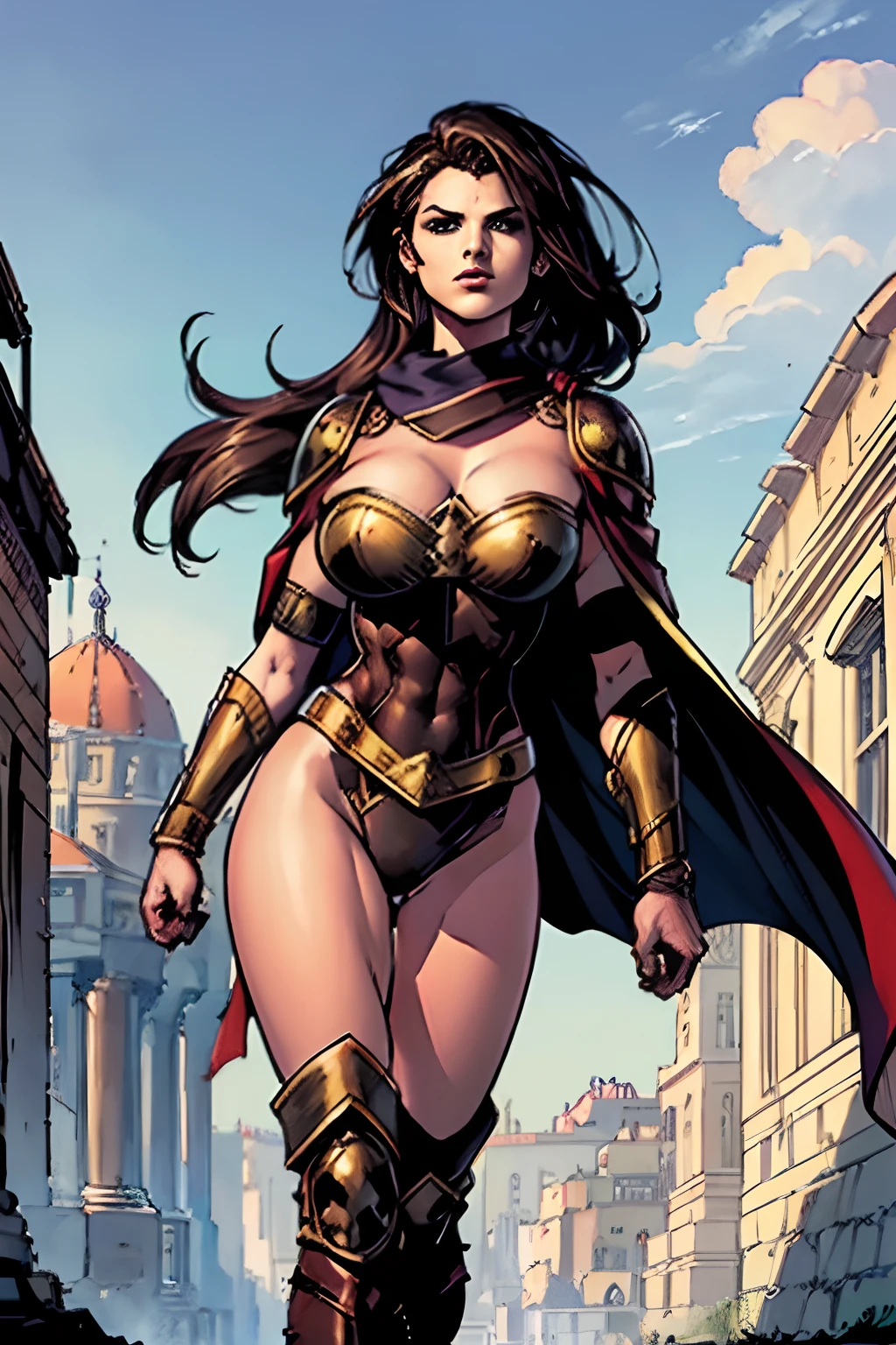 (masterpiece, top quality, best quality, official art, beautiful and aesthetic:1.2), (1girl:1.3), dark brown hair in a huge ponytail, extremely detailed, portrait, looking at viewer, solo, (full body:0.6), detailed background, close up, (hot summer coliseum theme:1.1), human gladiatrix, charlatan, mysterious, walking in forest, revealing bronze gladiator armor, spear and shield, metal bikini, topless, tits out, brown leather, cowl, cloak, bracers, armor, gauntlets, helmet, facemask, long boots, buckles, straps, light grey fabric, brown leather, gigantic breasts, cleavage, skindentation, slim waist, slim hips, long legs, medieval (coliseum arena exterior:1.1) background, dark mysterious lighting, shadows, magical atmosphere, dutch angle, (((balsamique)))