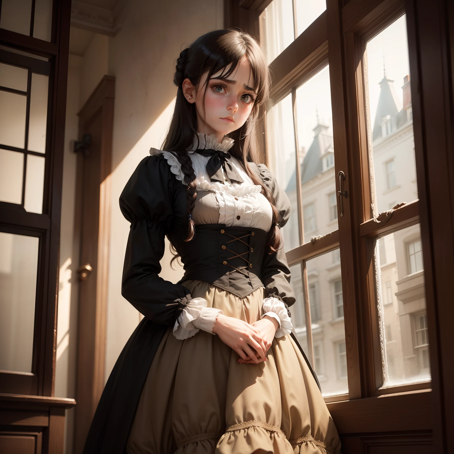 Sad looking, dark-haired, dark-eyed girl standing by a window wearing earth-toned Victorian clothing.