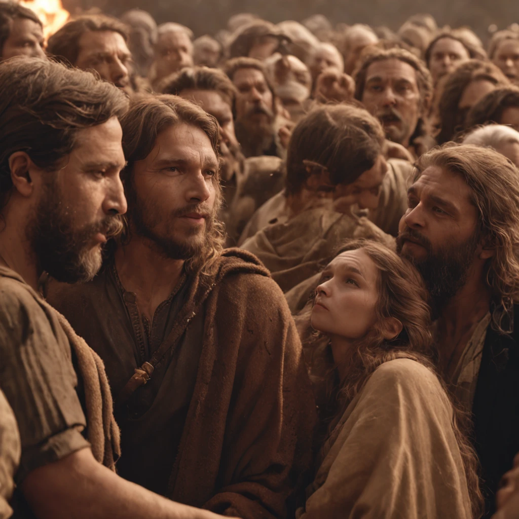 (Professional 3D rendering:1.3) de (Realistic:1.3) foto de arte mais bonita do mundo,soft features, brilliant male heroes, ((A crowd of people gather with Jesus in the dusty hills of Judea, in dynamic pose, fantastic location, majestoso ambiente desordenado)), corpo inteiro 8k unidade render, action shot, poros da pele, very dark lighting, sombreamento pesado, circunstanciado, rosto detalhado, (Vibrando, fotografia realista, Realistic, Dramatic, Escuro, foco nítido, 8k), (Roupas de couro velhas danificadas pelo mau tempo:1.4), ((((Use peles)))), (intrincado:1.4), decadente, (altamente detalhado:1.4), Pintura digital, rendering by octane, art stations, conceito-arte, liso, foco nítido, illustration, germe da arte, (Loish:0.23), Wlop Ilya Kuvshinov, e greg rutkowski e alphonse mucha gracias, (global ilumination, studiolight, light volumetric), chuva forte, floating particles, patife, fantasia, Nosso, Corpo inteiroesbiano, ((Fundo escuro e antigo da cidade:1.3)),CGSesociedade,art stations