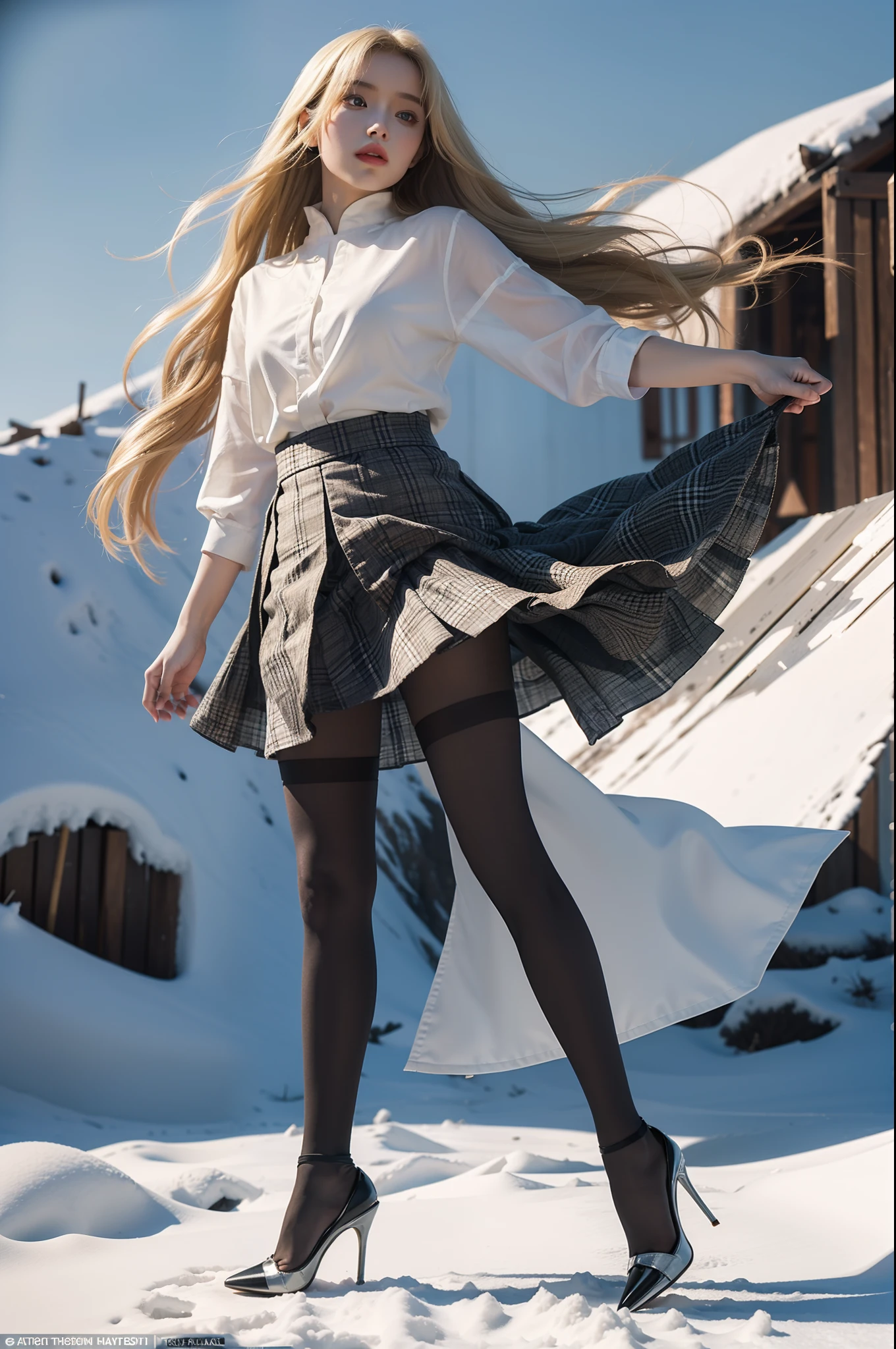 (full body:1.5)，(1girl:1.3),(view the viewer:1.4)，(anatomy correct:1.4),(Opaque pantyhose and pointed thick heels :1.3),(Dancing on the top of a snowy mountain:1.2),(Wearing a African primitive tribes style Checkered high waisted skirt:1.2),(Extra Long blonde Hair:1.2),(Accurate and perfect face:1.3),(Long legs:1.3),hyper HD, Ray traching, reflective light， structurally correct, Award-Awarded, high detail, lighten shade contrast, Face lighting ，cinematic lighting, masterpiece, super detailing, high quality, high detail, best quality, 16k，High contrast,