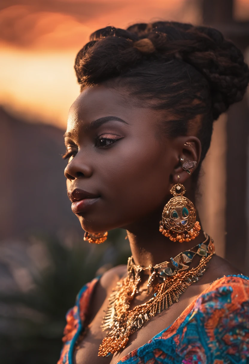 Amidst this realm of mystery and beauty, Princess Amara Adetola stood at her balcony, her deep brown eyes reflecting the vibrant colors of the sunset. She was a vision of breathtaking splendor, her ebony skin glowing like polished obsidian, and her full lips curved into a wistful smile. At twenty-two years of age, Amara possessed a grace and poise that belied her youth, with each movement carrying an air of regal elegance.