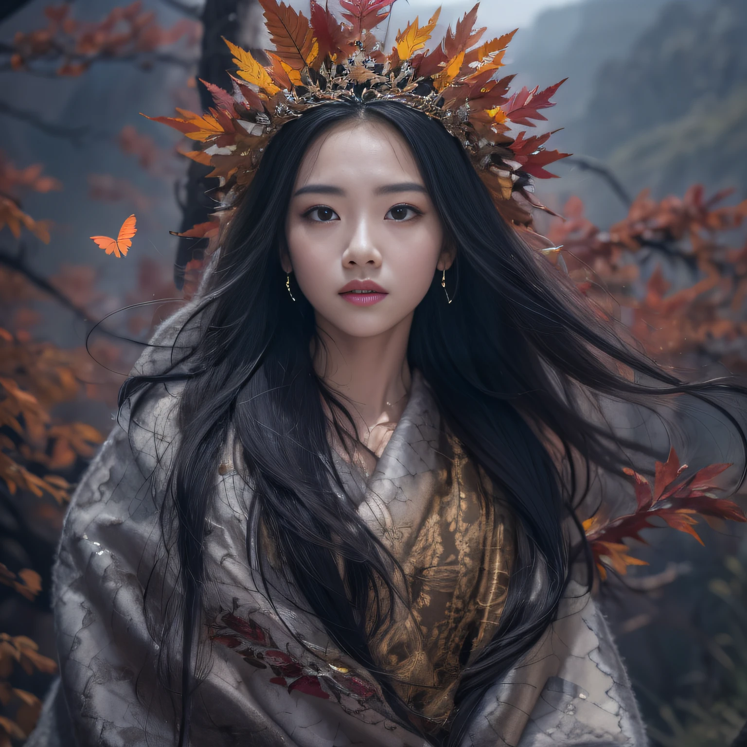 32K（tmasterpiece，k hd，hyper HD，32K）Long flowing black hair，Yellowstone，Tongzhou girl ，Flame protector（realisticlying：1.4），Python pattern robe，Purple-pink tiara，The leaves flutter，The canyon background is pure，Hold your head high，Be proud，The nostrils look at people， A high resolution， the detail，autumnal， RAW photogr， Sharp Re， Nikon D850 Film Stock Photo by Jefferies Lee 4 Kodak Portra 400 Camera F1.6 shots, Rich colors, ultra-realistic vivid textures, Dramatic lighting, Unreal Engine Art Station Trend, cinestir 800，Hold your head high，Be proud，The nostrils look at people