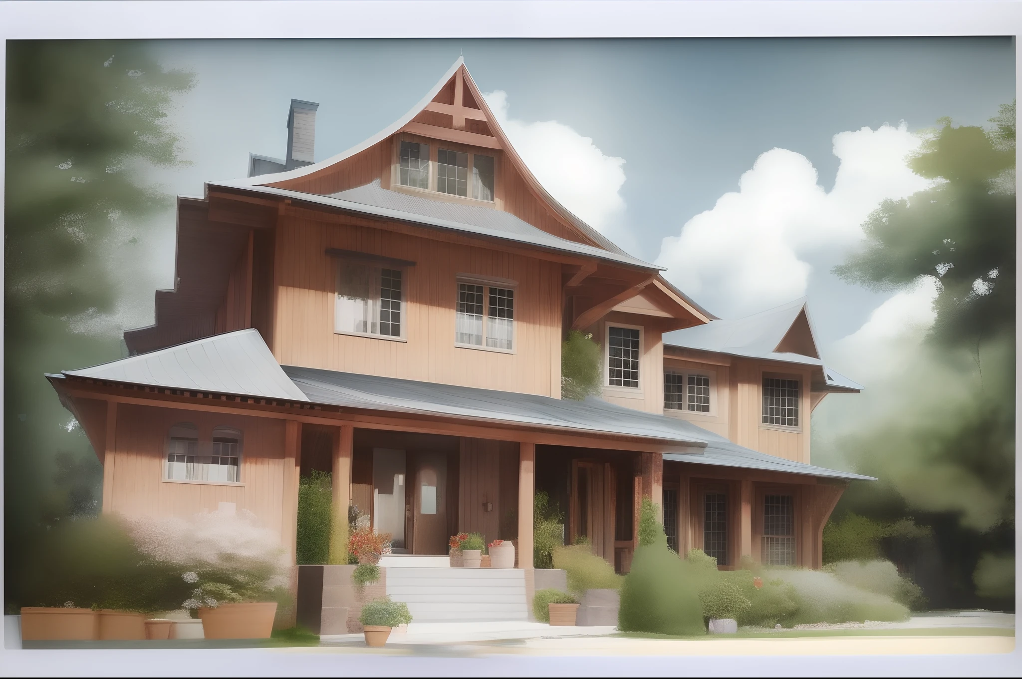 Black and white sketch of an American house with a large porch, emoldurado por um fundo de estilo de imagem polaroid
