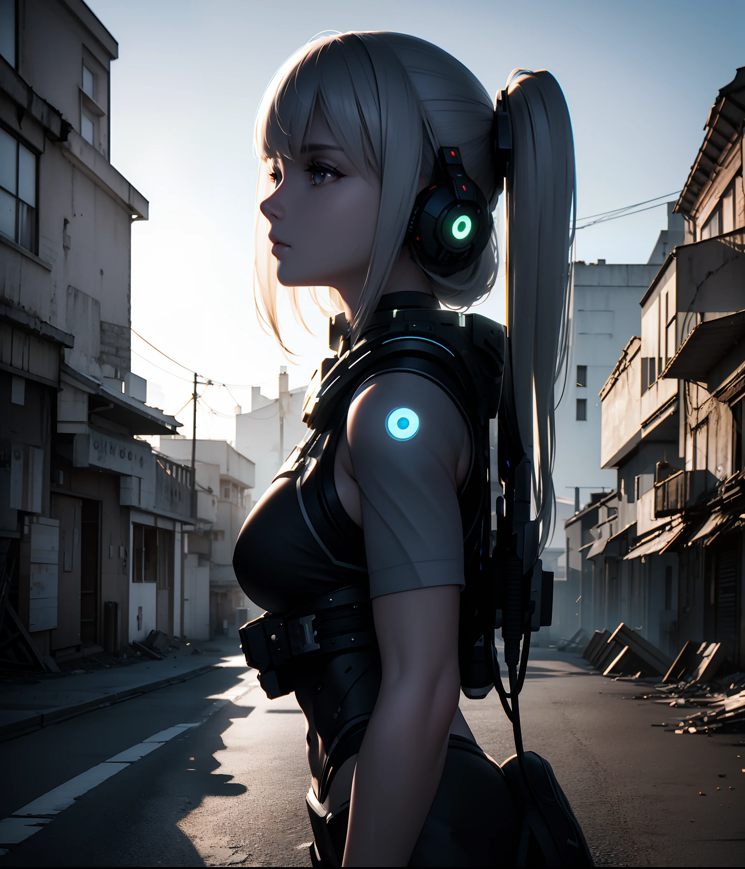 ((Best Quality)), ((Masterpiece)), (Very Detailed: 1.3), 3D, Shitu-mecha, Beautiful cyberpunk woman wearing crown with her mecha in ruins of a city in forgotten war, long silver hair, sci-fi technology, HDR (High Dynamic Range), ray tracing, nvidia RTX, super resolution, unreal 5, subsurface scattering, PBR texture, post-processing, anisotropic filtering, depth of field, maximum sharpness and sharpness, multi-layered texture, Albedo and specular mapping, surface shading, accurate simulation of light-material interactions, perfect ratios, octane rendering, duotone lighting, low ISO, white balance, rule of thirds, wide aperture, 8K RAW, high efficiency sub-pixels, subpixel convolution, luminous particles, light scattering, Tyndall effect