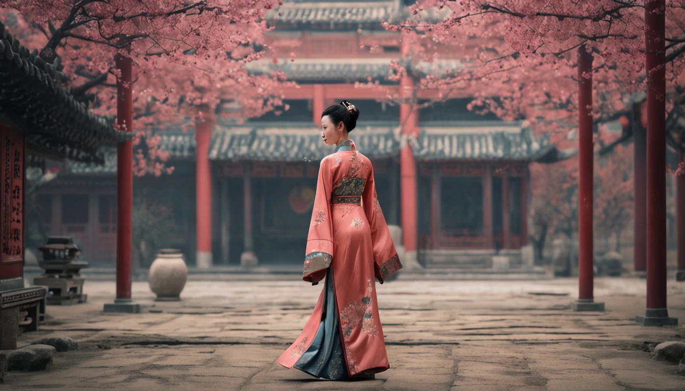 A Chinese Song Dynasty beauty in pants dancing，The hands and face of this beauty are very delicate and clear。Stand in the middle of a quaint courtyard，Plum blossoms fall snowflakes，Morandi colors，电影灯光，wide angles，Ultra HD details，8K