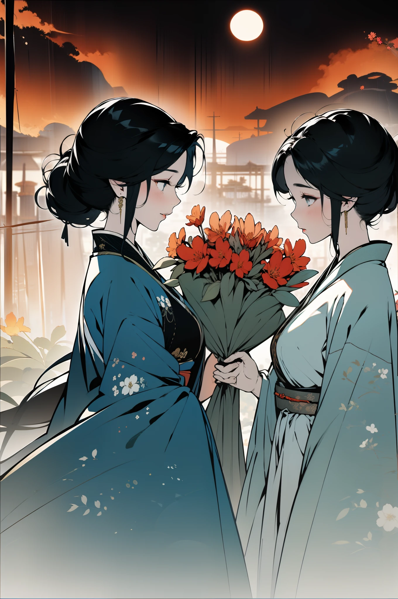 Anime scene of two women in kimono robes holding flowers, Guviz-style artwork, two beautiful anime girls, Holding flowers, Inspired by Itō Shinsui, Official artwork, Artgerm and Atey Ghailan, offcial art, Kawasi, japanese related with flowers, official fanart, Middle metaverse, With flowers