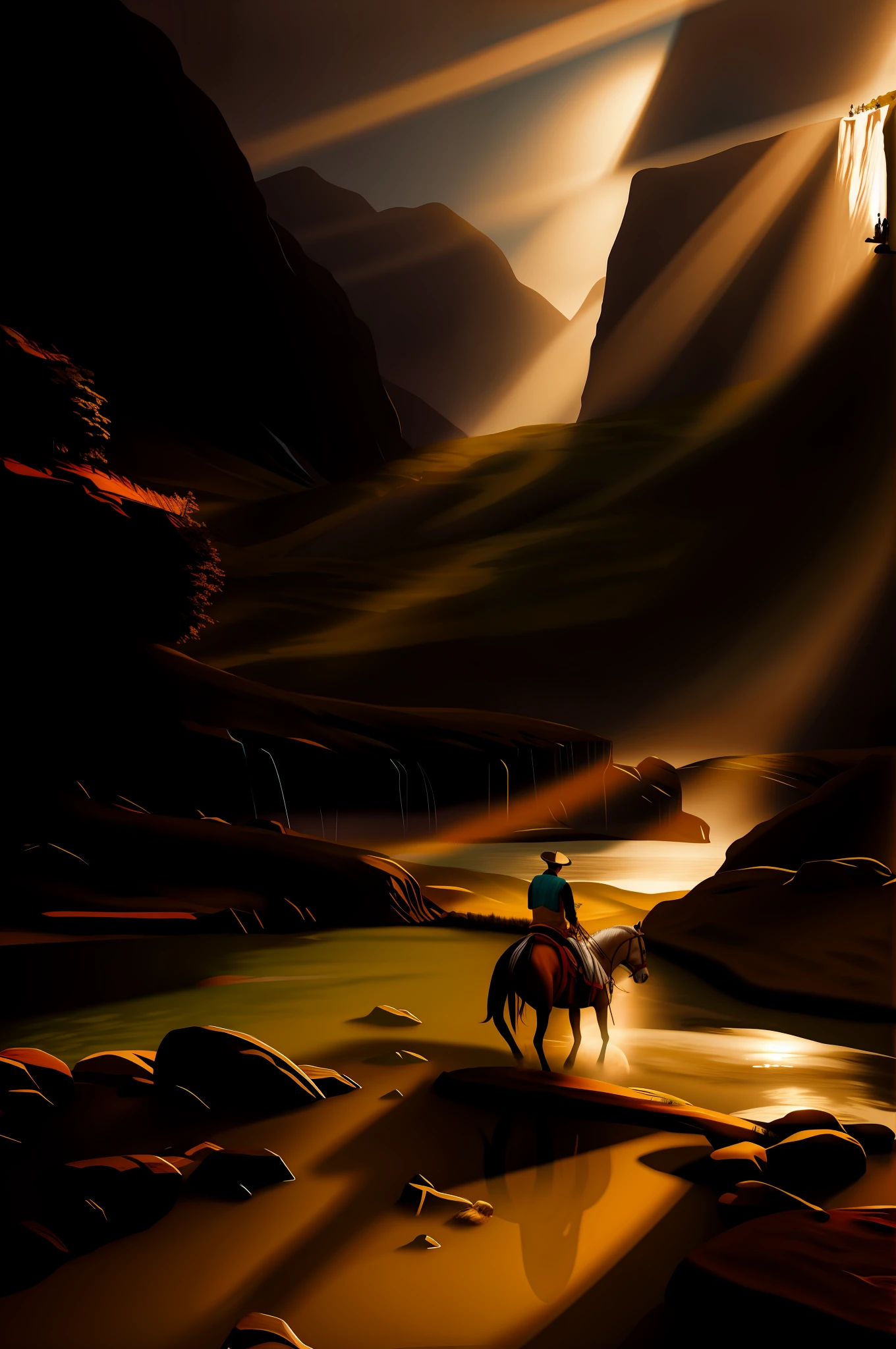 painting of a man riding a horse across a river in a mountainous area, Pintura digital nitida, Pintura digital de fantasia, illustration painting nitidaa, Pintura digital 4K HD, Atmospheric. Pintura digital, Pintura digital impressionante, Atravessando o rio, pintura de fantasia digital, epic digital painting, lindo Pintura digital tarde de sol