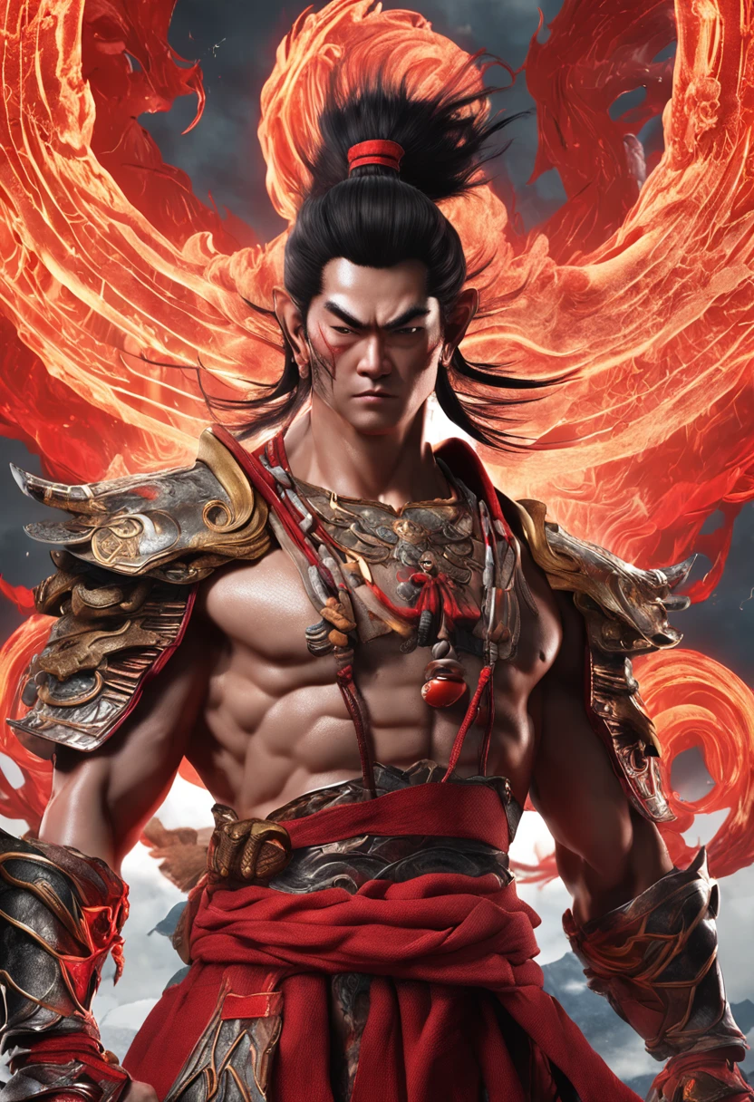 Goku as Chinese warrior in red robes, Dynasty warrior style, Elaborate and gorgeous CGI anime style, Luffy, 8K highly detailed digital effect fantasy, cgsociety 9, epic digital art illustration, and Mumford and Alex Gray style, Bio-luminescence