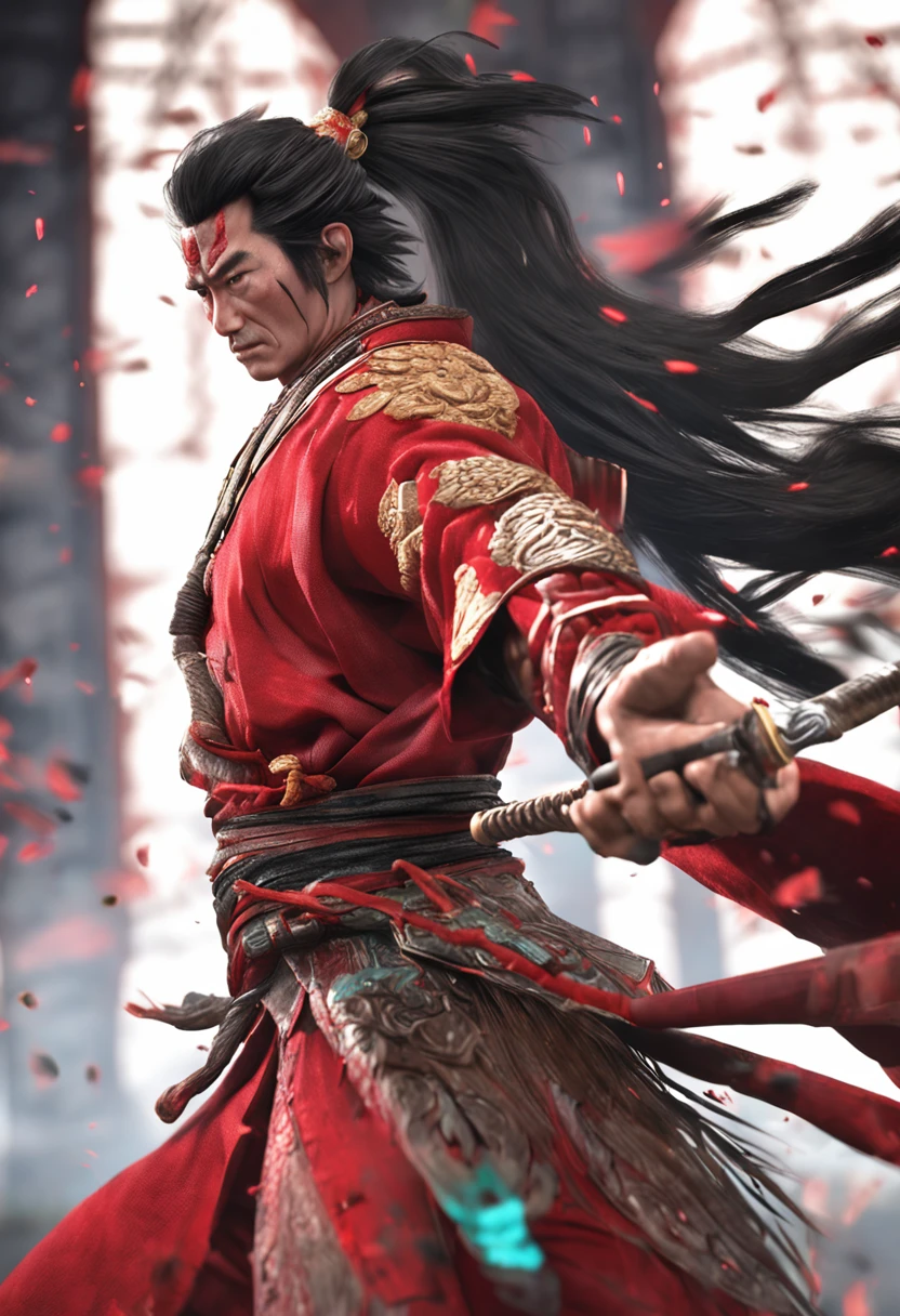 Goku as Chinese warrior in red robes, Dynasty warrior style, Elaborate and gorgeous CGI anime style, Luffy, 8K highly detailed digital effect fantasy, cgsociety 9, epic digital art illustration, and Mumford and Alex Gray style, Bio-luminescence