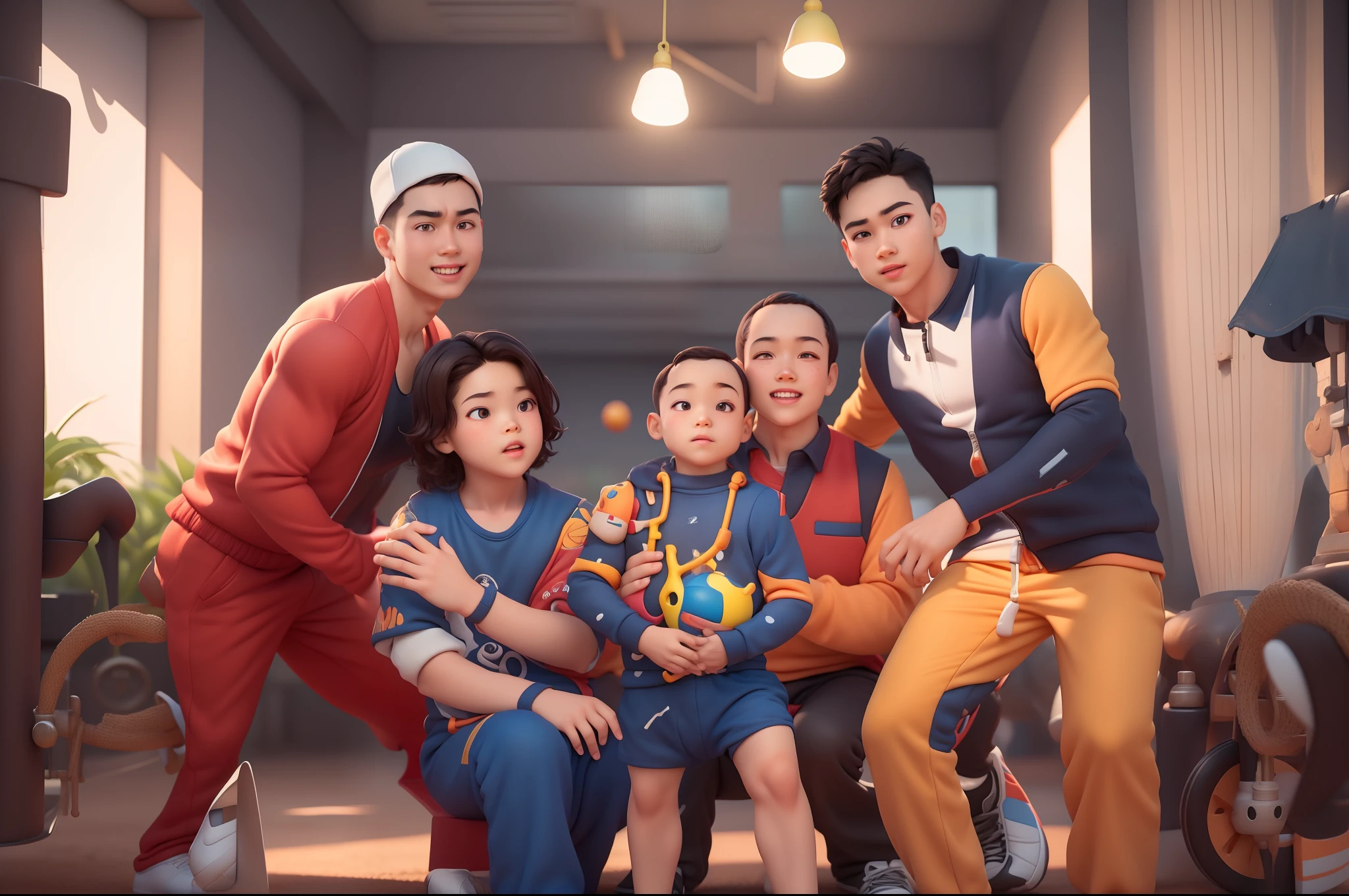 (Pixar 1.23 style) 1 boy ((upper body front, bust shot)), solo, cute kid, brunette, pretty tracksuit, boy, korean child, playground, ((masterpiece, highest quality)), (composite lighting)