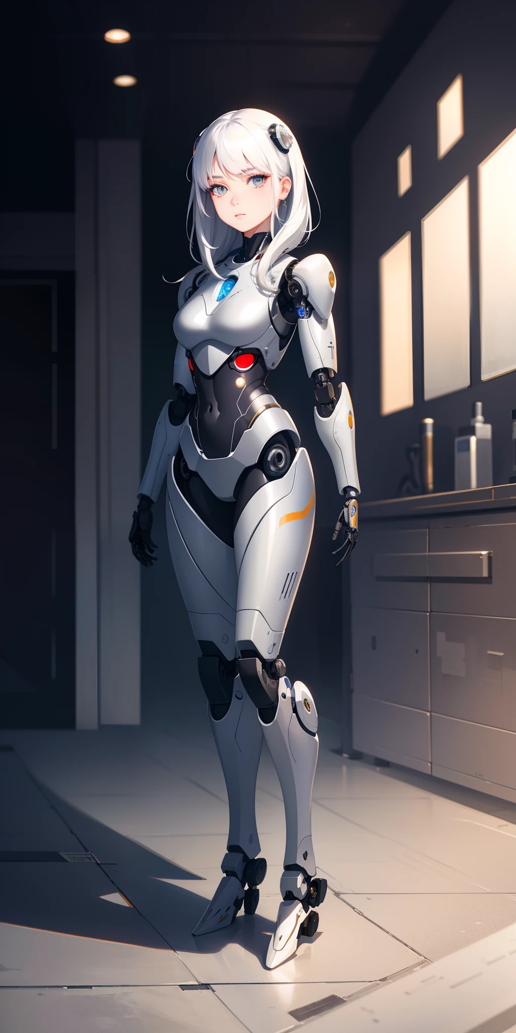 dreamy, (masterpiece), best quality, 1girl, amazing, beautiful detailed eyes, white hair, white eyes, fine details, depth of field, extremely detailed CG, cyborg, high-tech, robot, full body