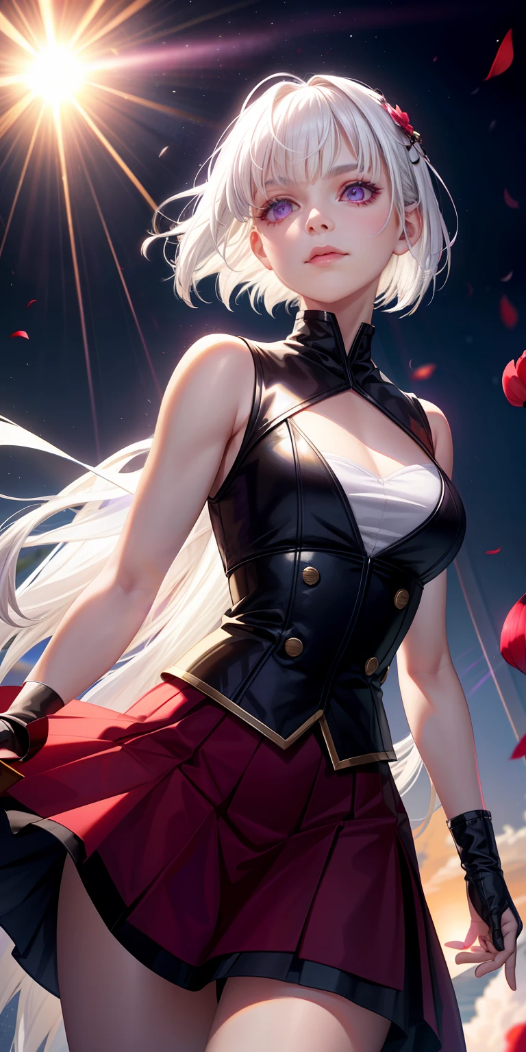 realisticlying,1girl,White hair,Purple eye,glowing light eyes,Cut the top,a skirt,parted lip,Be red in the face,the night,fresh flowers,suns,rays of sunshine,Deep V skirt