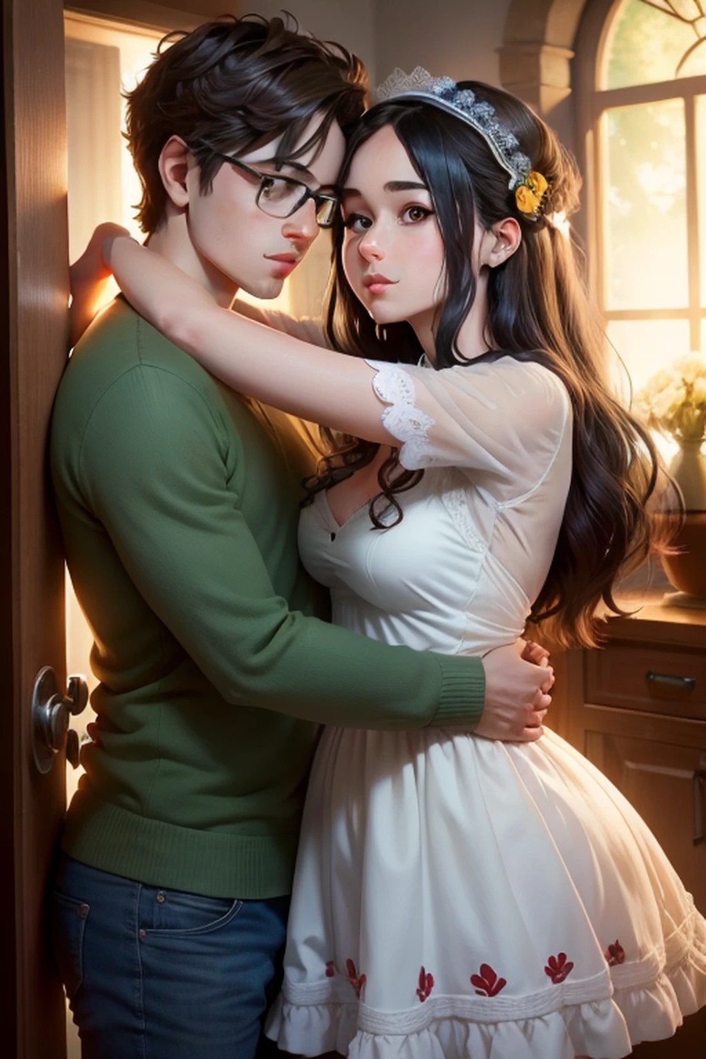 A cartoon-style illustration depicts a young man and a girl wrapped in a warm embrace. The image overflows with emotion, capturing the intimate moment when the two characters embrace affectionately. The scene is full of details and vibrant colors, creating a sense of warmth and connection. A arte, com alta qualidade e estilo reminiscente de Webtoons, parece ser uma fanart oficial, enriquecendo ainda mais o relacionamento entre os personagens. Os contornos suaves e sombreamento meticuloso, Typical of Cel Shading animations, give depth to the scene. The protagonists are positioned in a charming way, in a couple pose that evokes the sweetness of the moment shared between them. The illustration emanates an atmosphere of affection and closeness, capturing the essence of hugging and bringing to life the magic of young love through art.