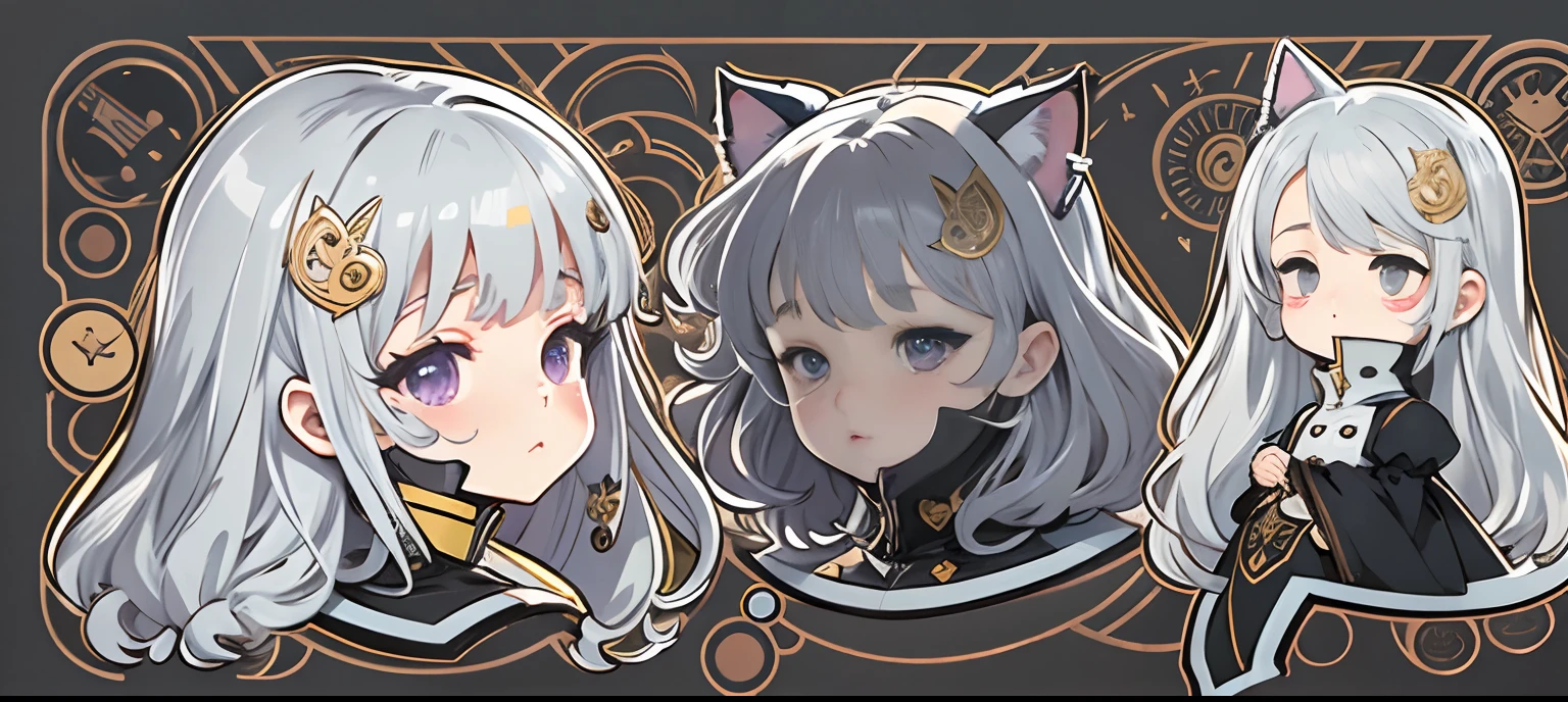 Sticker, Cute anime girl head, long layered silvery white hair,Light purple eyes，(((sideface)))，(Kissing with cats)，Black dress，Black princess dress，，in circle, White background, Gold border，Simple, Ultra detailed, Detailed drawing, vectorised, Silhouette, 8K, professional sticker design, Flat design, Vector lines, Sticker, Drawing, Drawing, Full-HD