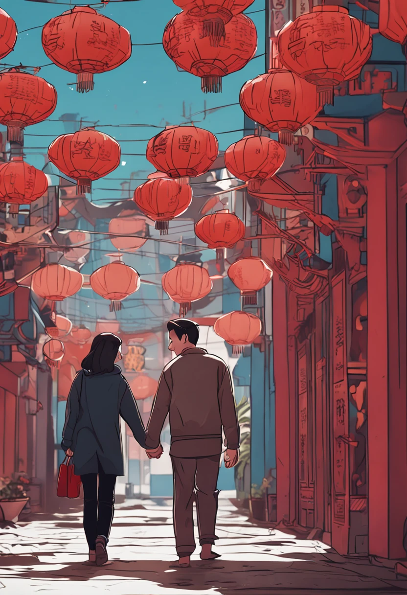 Style couple holding hands,Chinese elements, College Student Outfit,Ordinary looking, Incredibly high detail, Pixar style, Bright colors, Natural light, Simple background in solid color, 5 and octane rendering, Popular on artstation, Gorgeous, ultra-wide-angle, 8K, HD realistic, 8K HD is realistic
