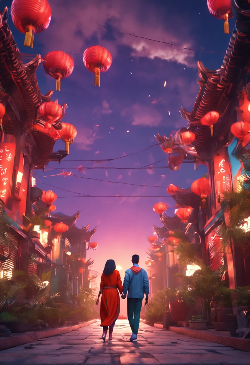 Style couple holding hands,Chinese elements, College Student Outfit,Ordinary looking, Incredibly high detail, Pixar style, Bright colors, Natural light, Simple background in solid color, 5 and octane rendering, Popular on artstation, Gorgeous, ultra-wide-angle, 8K, HD realistic, 8K HD is realistic