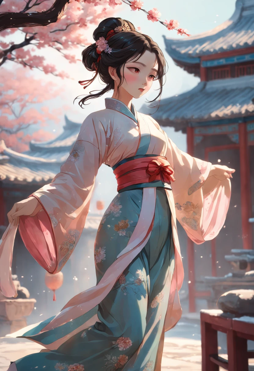 Chinese Song Dynasty beauty dancing in pants，The hands and face of this beauty are very delicate and clear。Stand in the middle of a quaint courtyard，Plum blossoms fall snowflakes，Morandi colors，电影灯光，wide angles，Ultra HD details，8K