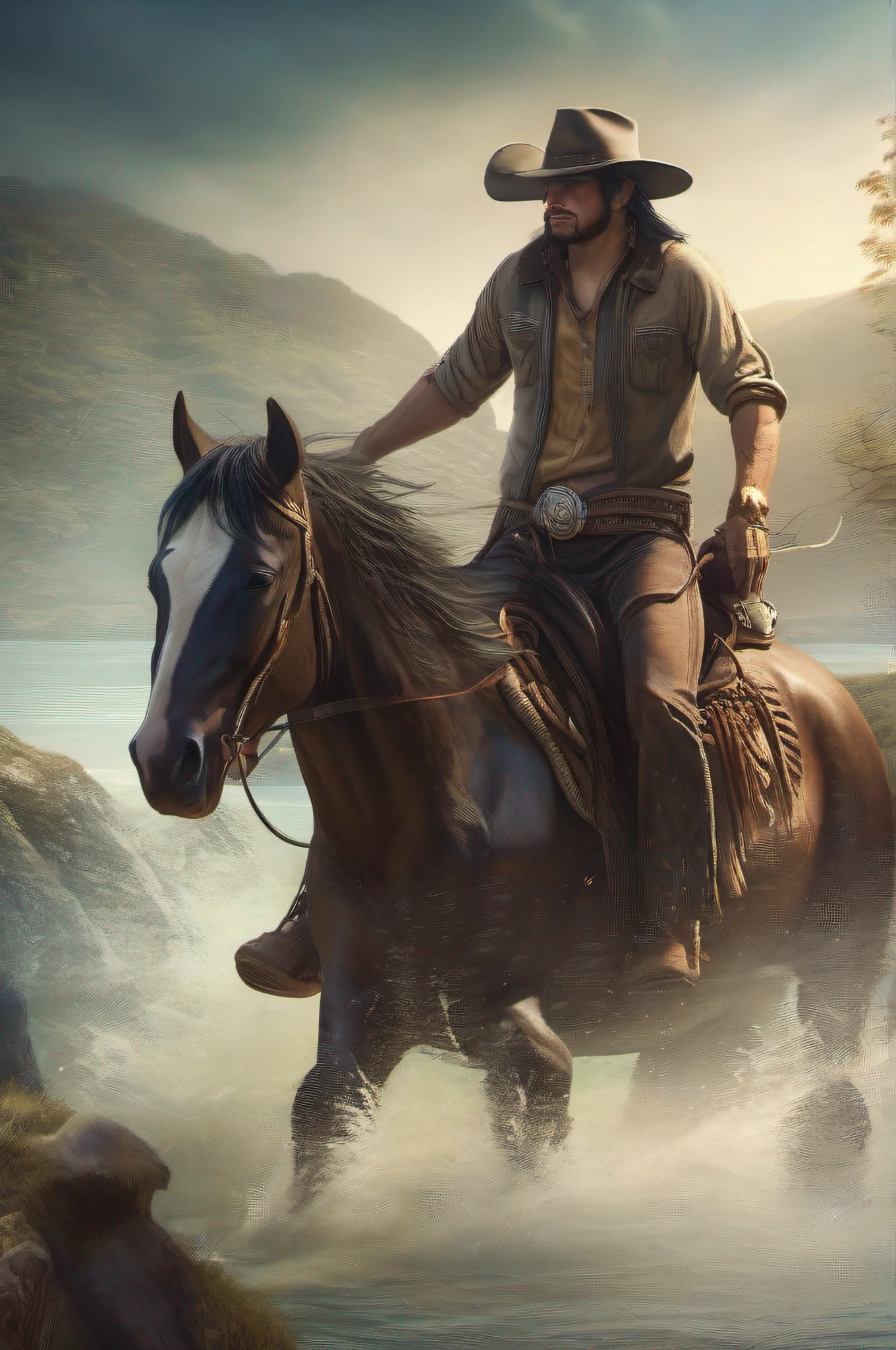 (montanhas ao fundo), (um riacho correndo aguas limpidas por entre as pedras) um cowboy americano montado em seu cavalo) (atravessando o rio) Realistic image with 4K resolution