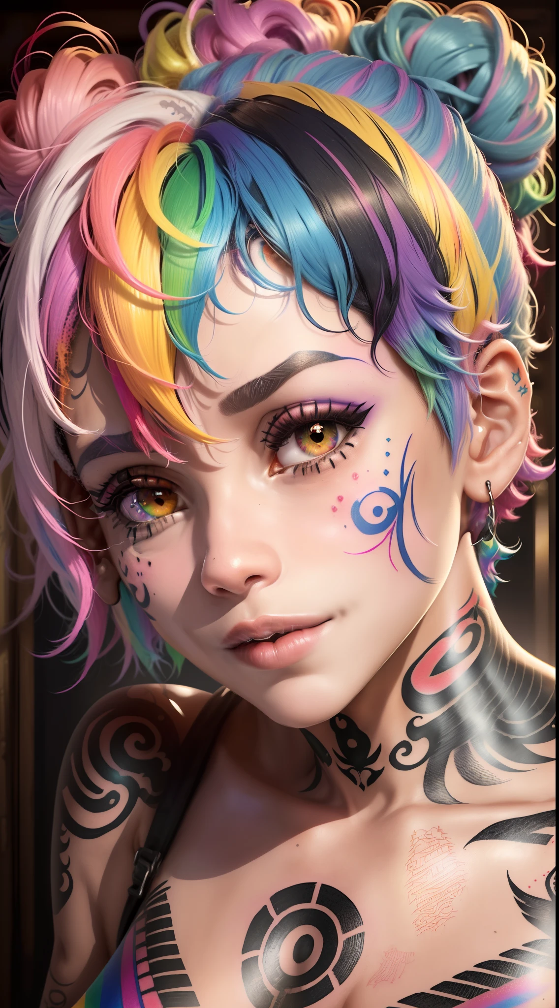 1closeup of an 18 year old girl tattooed on her face all rainbow hair(AFRO AMERICANA)), ((Short hair rainbow color), sorrindo,((with various tattoos on his face)),( fleshy lips)olhos grandes,sardas no rosto ,batom vermelho,( pircing on the lip),colar, brinco, e maquiagem, Angle of the face up close, Looking at camera