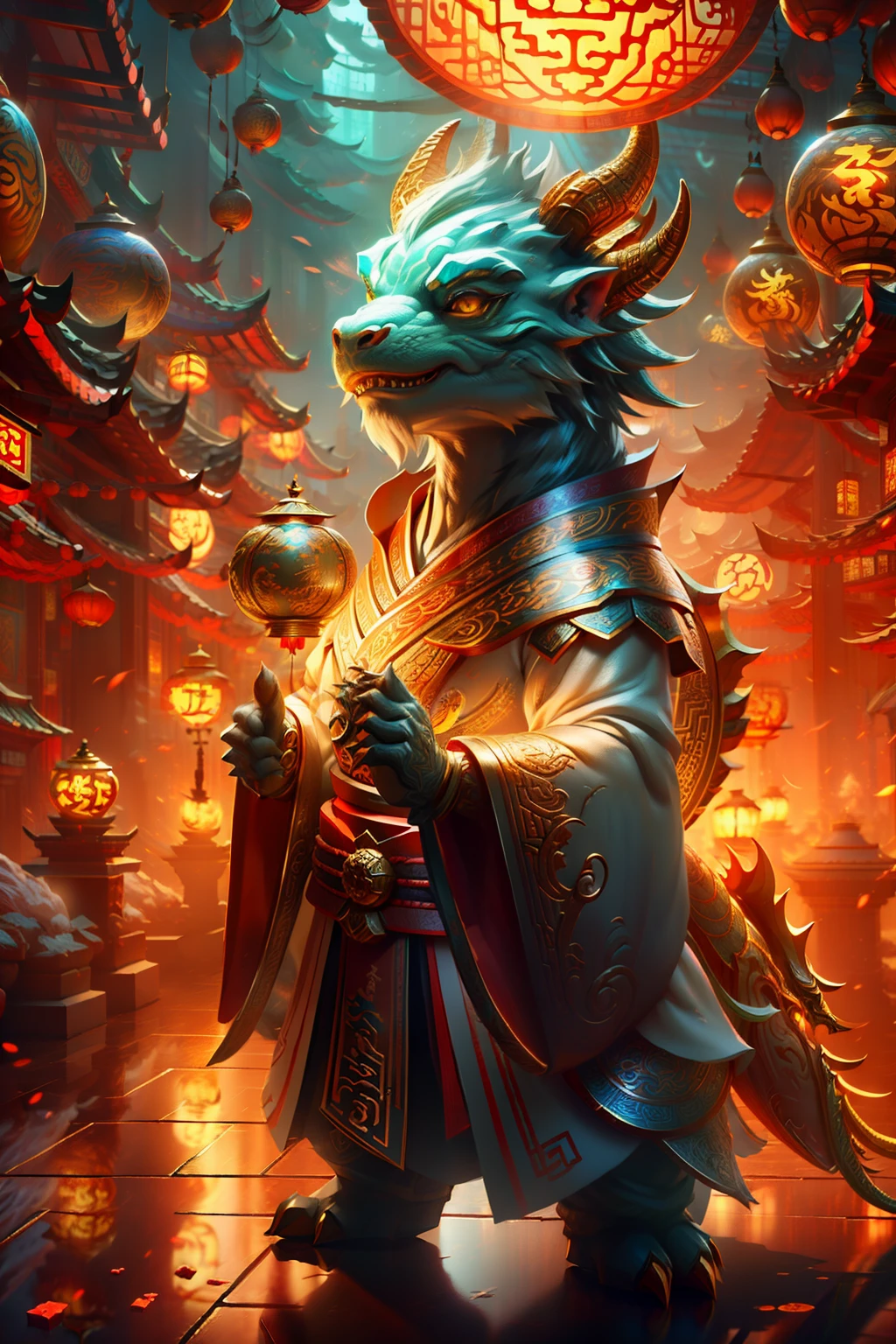 Chinese mythology - zodiac dragon with yellow mane and golden dragon horns,Wear Chinese New Year clothing,Anthropomorphic standing posture,Cute detailed digital art, lovely digital painting, Cute 3d rendering, adorable digital art, Stylized 3D rendering, hyper-detailed fantasy character, 8K high quality detailed art, cute detailed artwork, stylized as a 3d render, stylized 3d render, cute little dragon, Detailed fanart, fantastical creature