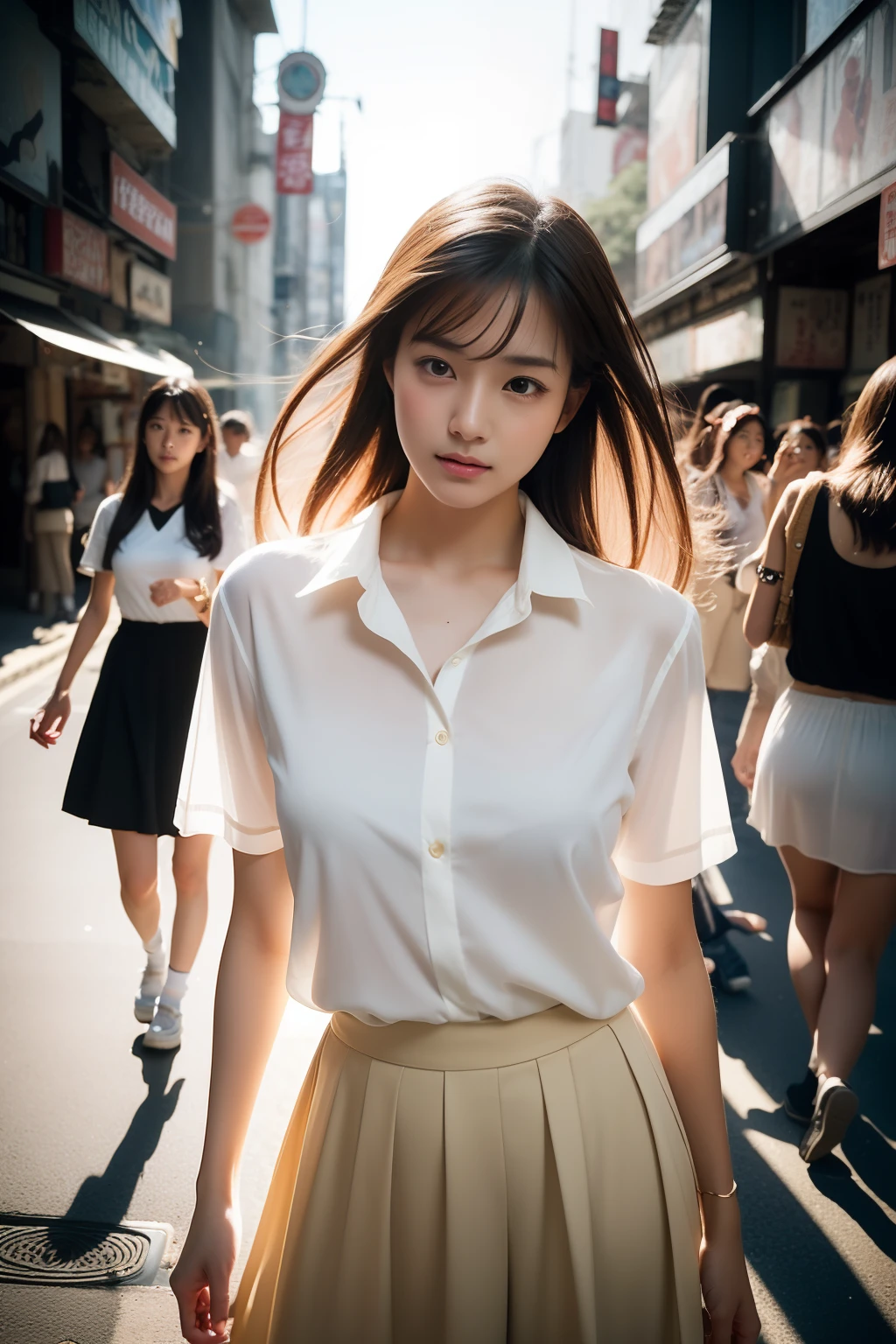 Extremely detailed CG unity 8k wallpaper, Best Quality, Ultra-detailed, Masterpiece, realisitic, Photo Photorealistic, very detailed cute girl, 20yo, (skirtlift), ((skirt lift by myself)), White panties , panties focus, blush, parted lips, looking up at viewer , half body shot , wearing frilled shirt , crowd of, crowded city,